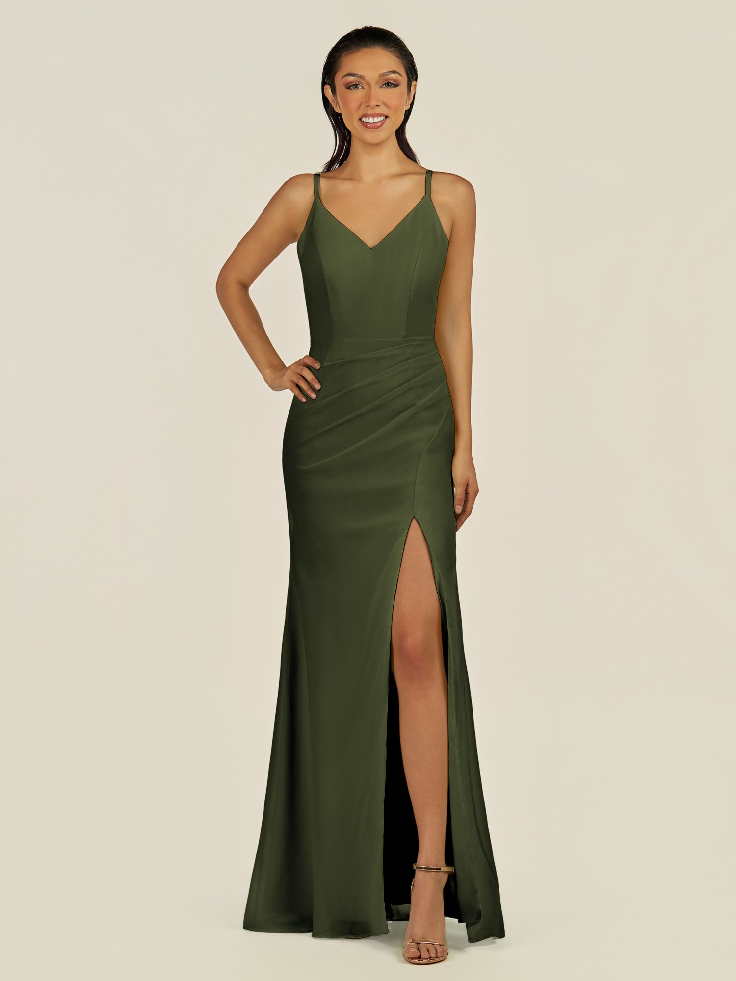 KissDress-Santillia Olive Sheath Chiffon V Neck Long Bridesmaid Dress with Slit