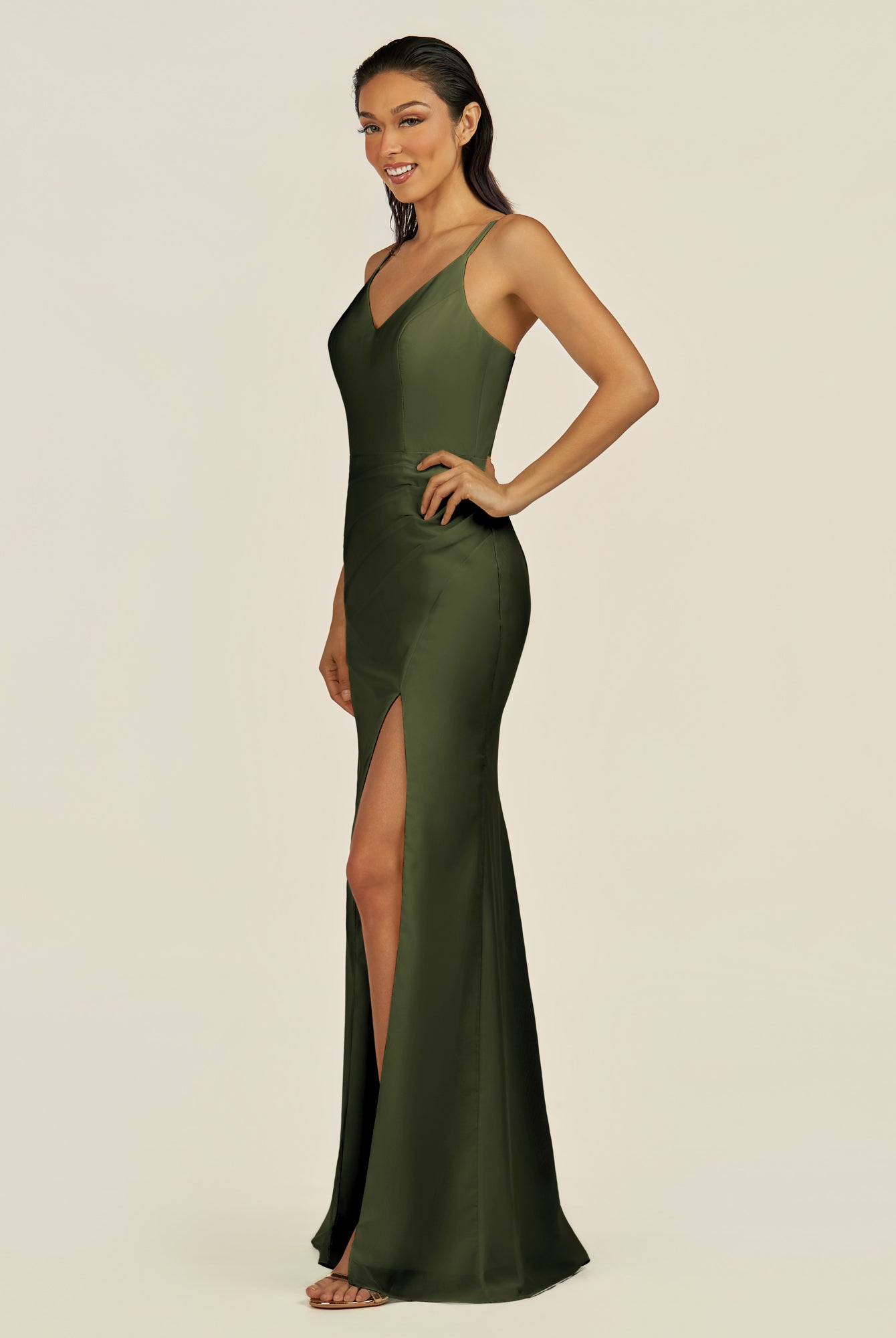 KissDress-Santillia Olive Sheath Chiffon V Neck Long Bridesmaid Dress with Slit