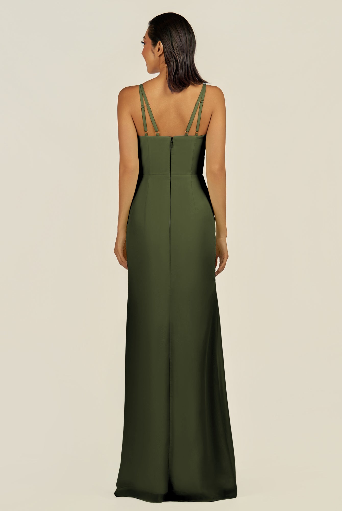 KissDress-Santillia Olive Sheath Chiffon V Neck Long Bridesmaid Dress with Slit