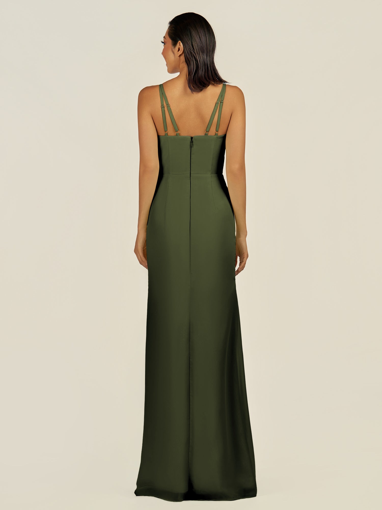 KissDress-Santillia Olive Sheath Chiffon V Neck Long Bridesmaid Dress with Slit