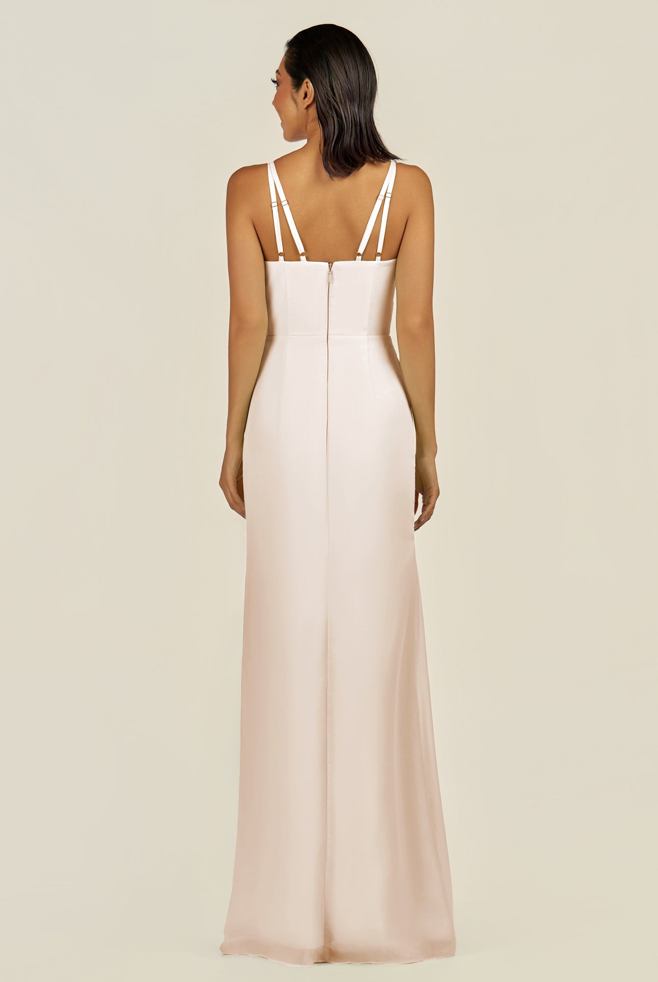 KissDress-Santillia Pale Blush Sheath Chiffon V Neck Long Bridesmaid Dress with Slit