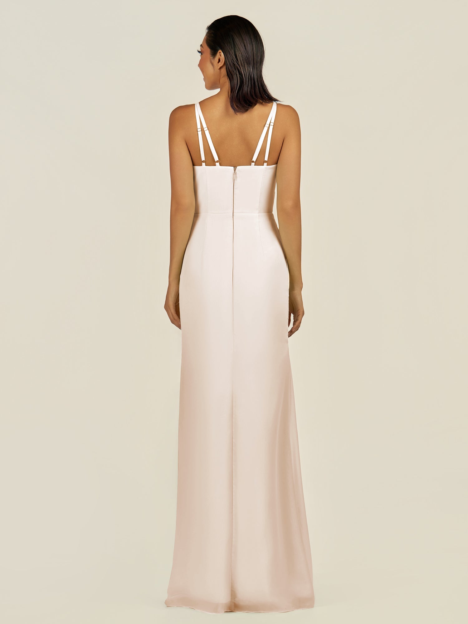 KissDress-Santillia Pale Blush Sheath Chiffon V Neck Long Bridesmaid Dress with Slit
