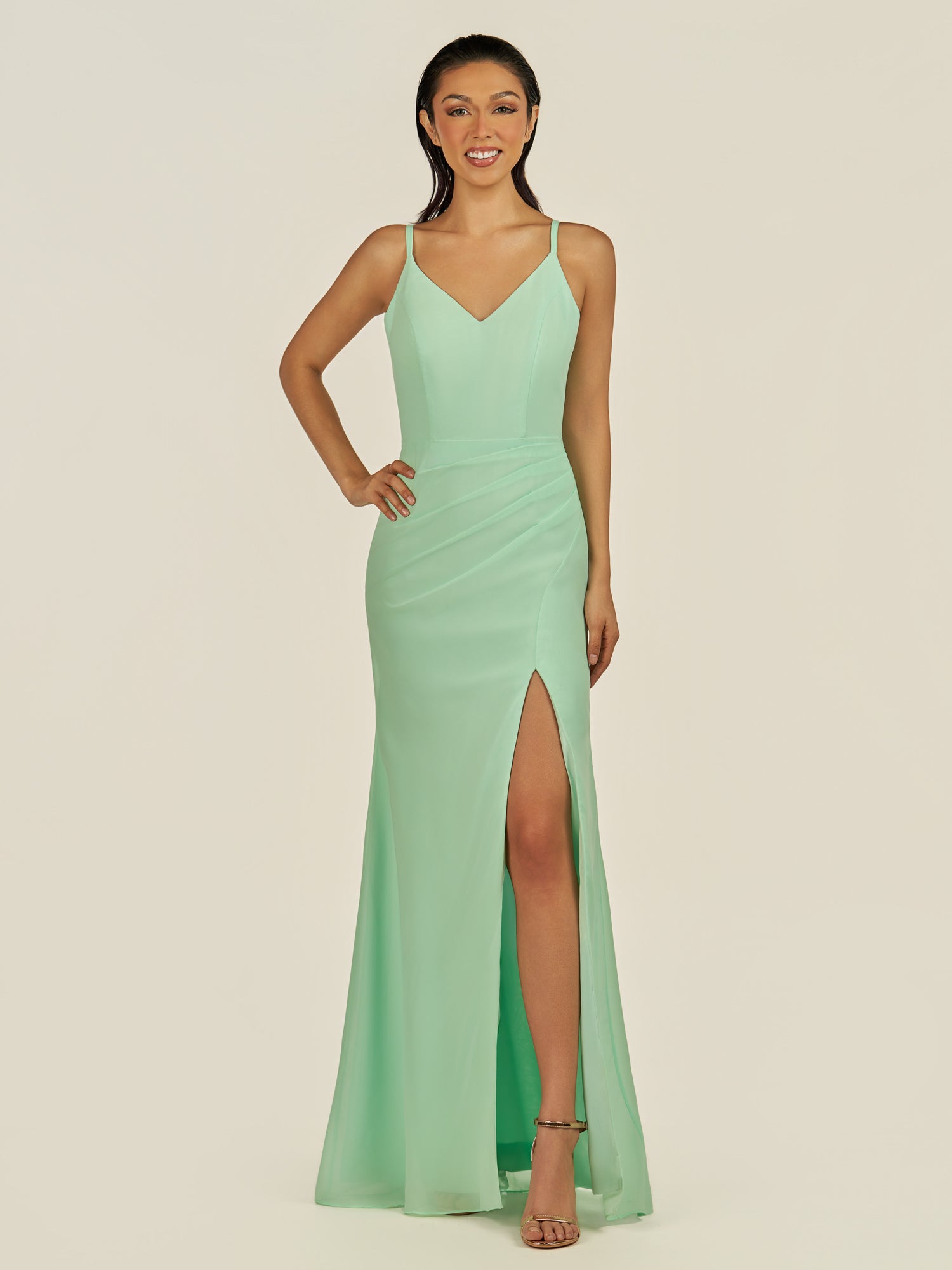 KissDress-Santillia Pale Pistachio Sheath Chiffon V Neck Long Bridesmaid Dress with Slit