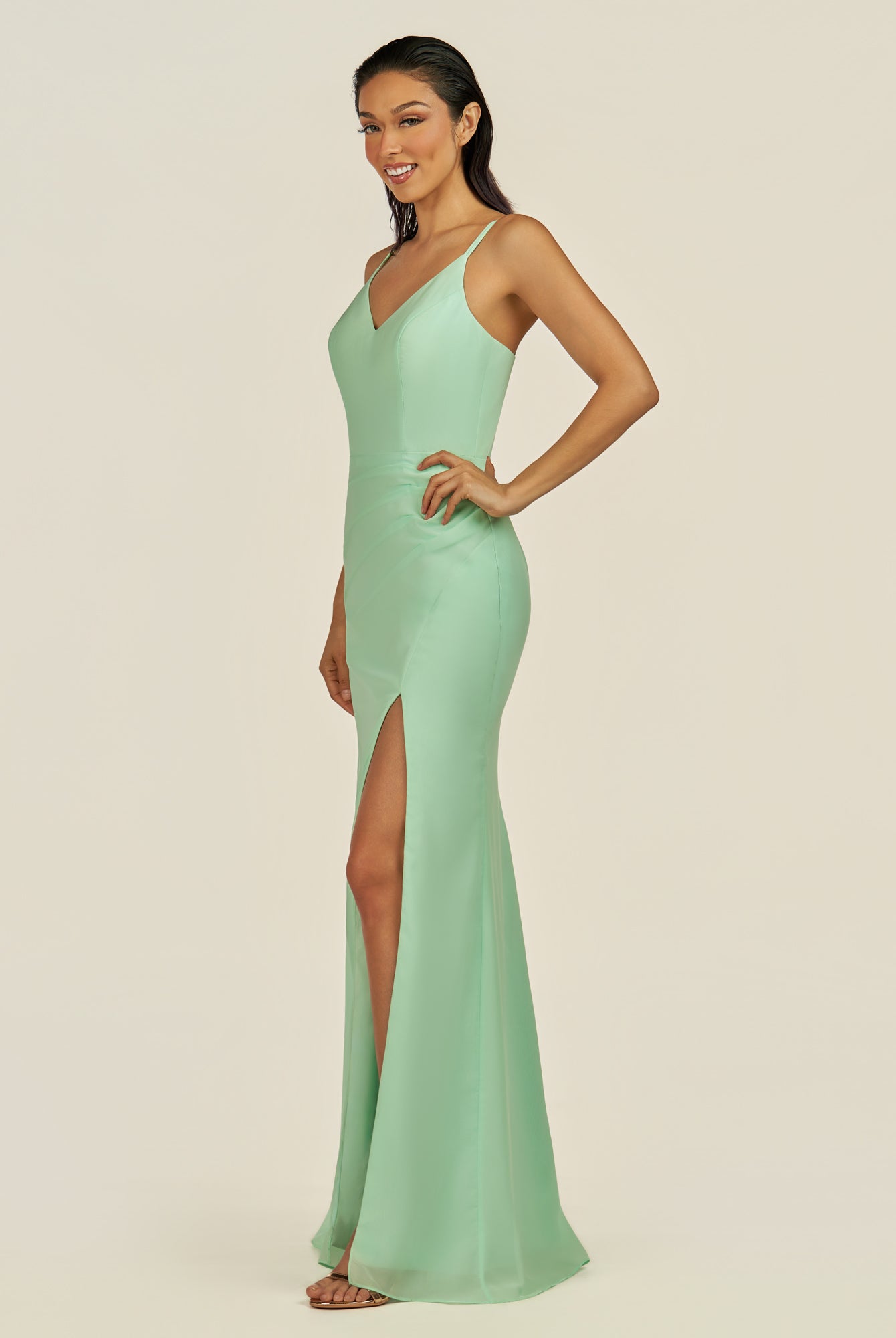 KissDress-Santillia Pale Pistachio Sheath Chiffon V Neck Long Bridesmaid Dress with Slit