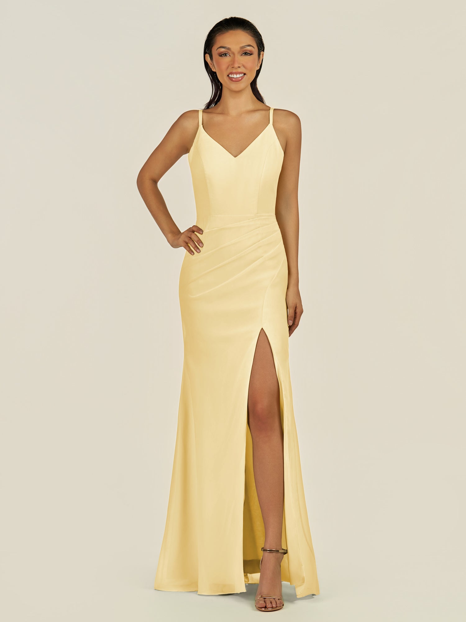 KissDress-Santillia Pastel Yellow Sheath Chiffon V Neck Long Bridesmaid Dress with Slit