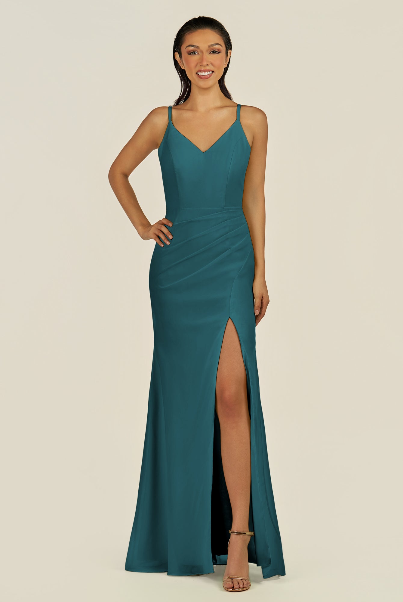 KissDress-Santillia Pine Sheath Chiffon V Neck Long Bridesmaid Dress with Slit