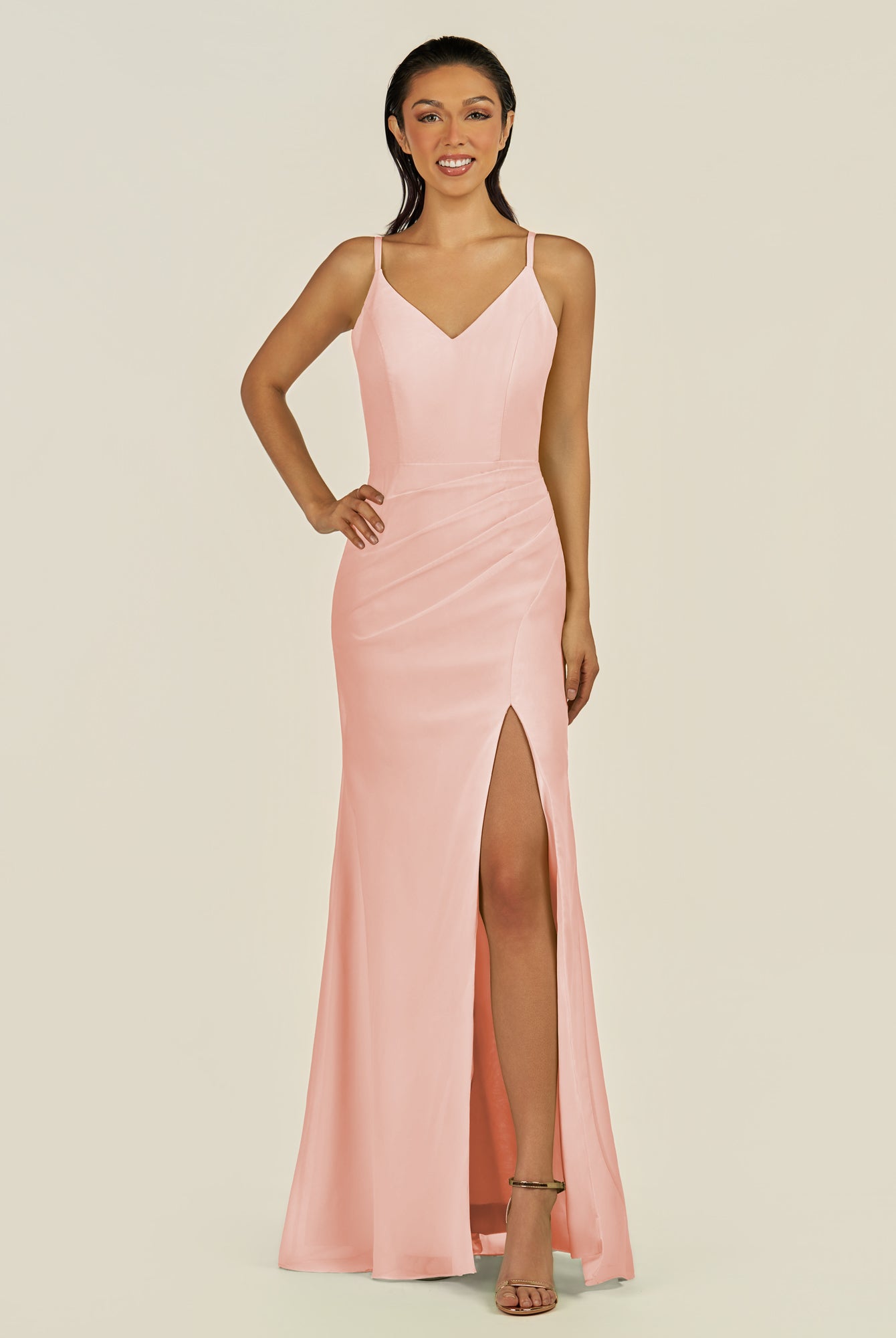 KissDress-Santillia Rose Petal Sheath Chiffon V Neck Long Bridesmaid Dress with Slit