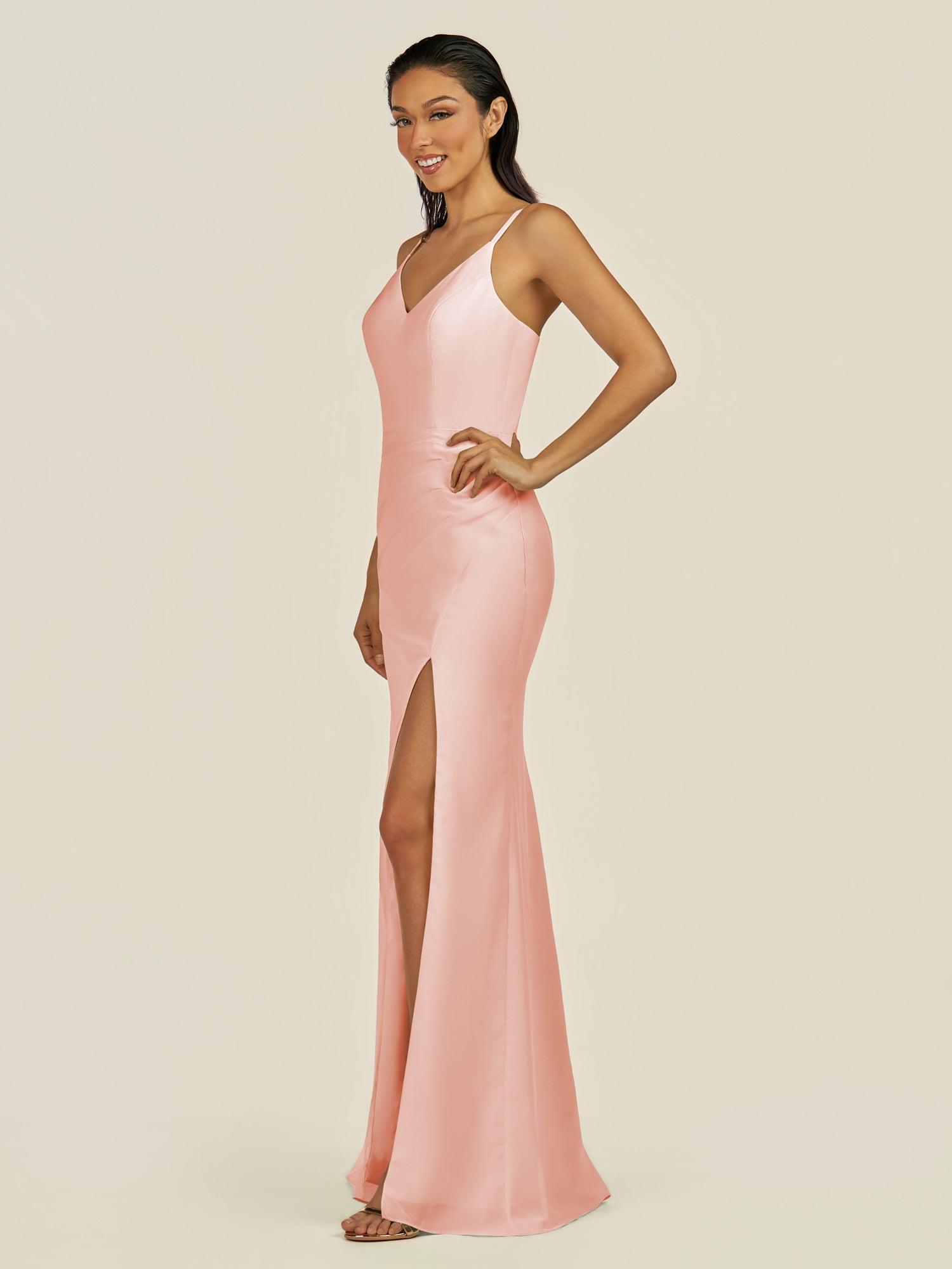 KissDress-Santillia Rose Petal Sheath Chiffon V Neck Long Bridesmaid Dress with Slit