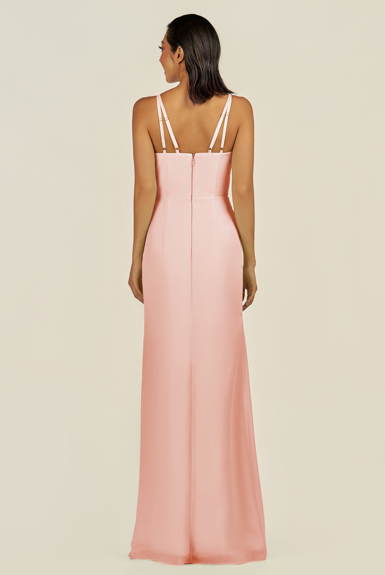 KissDress-Santillia Rose Petal Sheath Chiffon V Neck Long Bridesmaid Dress with Slit