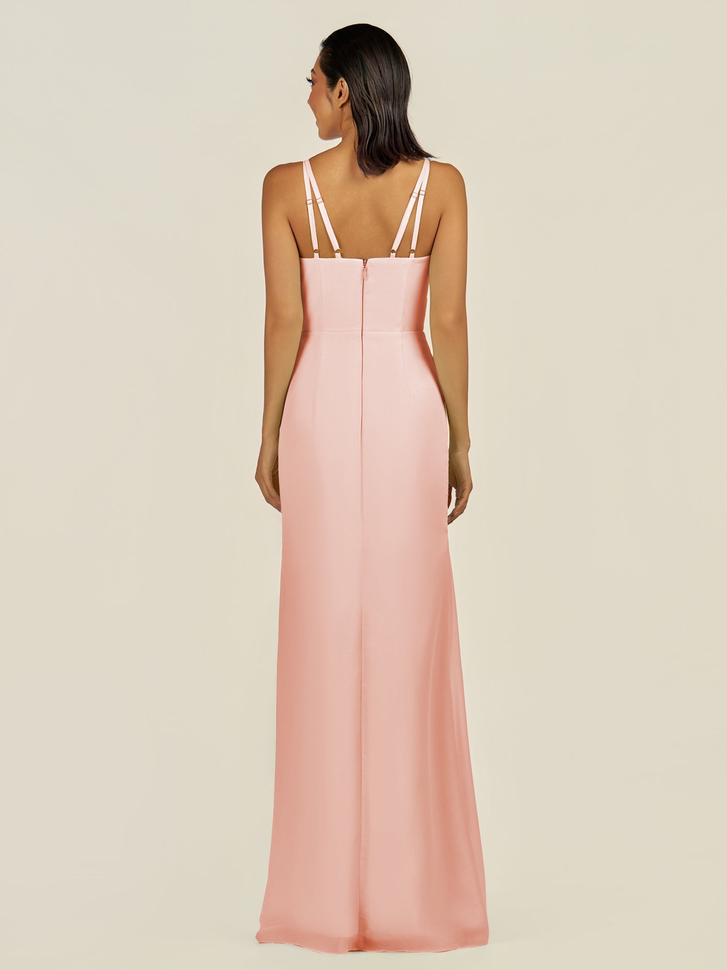KissDress-Santillia Rose Petal Sheath Chiffon V Neck Long Bridesmaid Dress with Slit