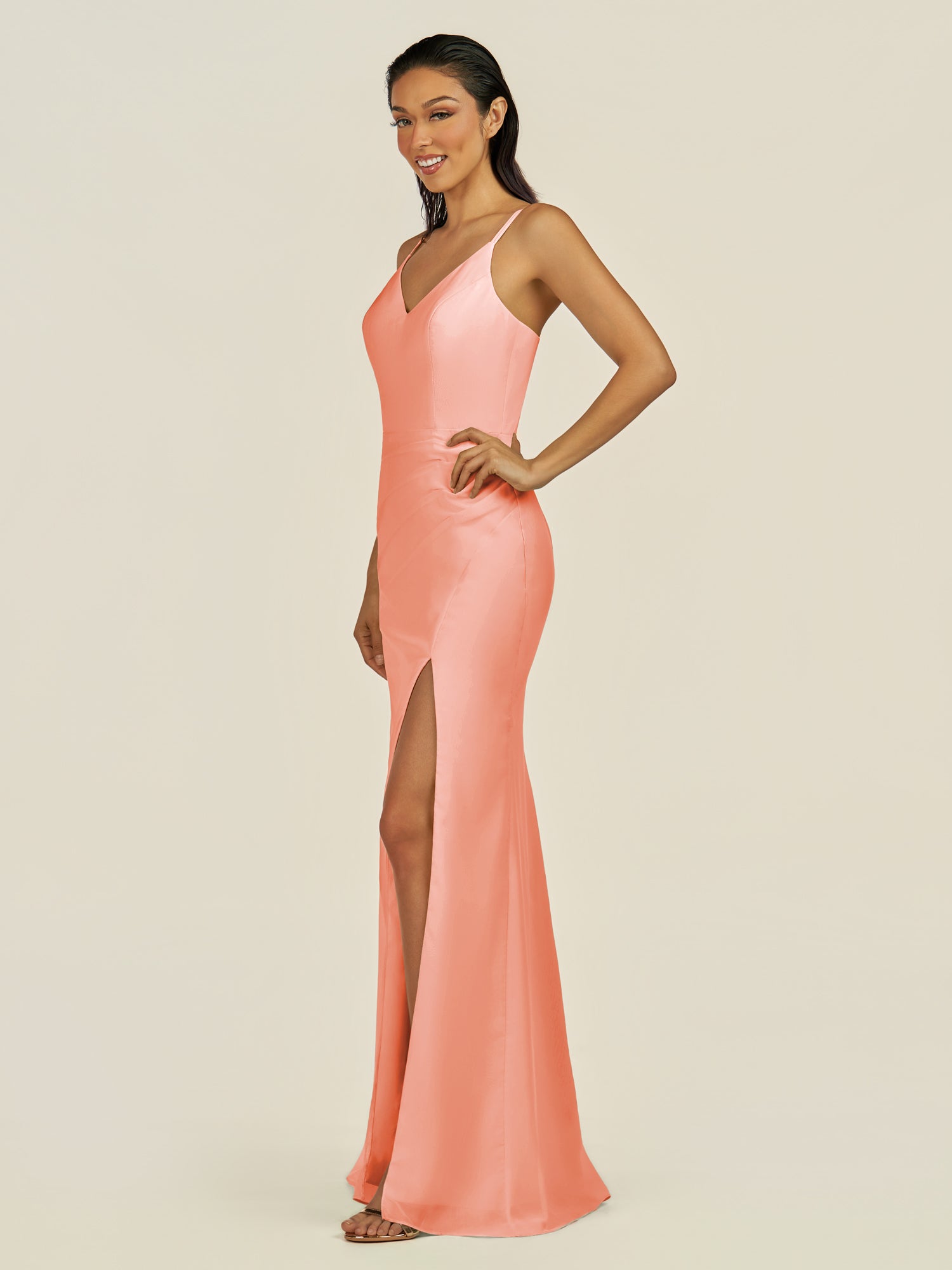 KissDress-Santillia Rosette Sheath Chiffon V Neck Long Bridesmaid Dress with Slit