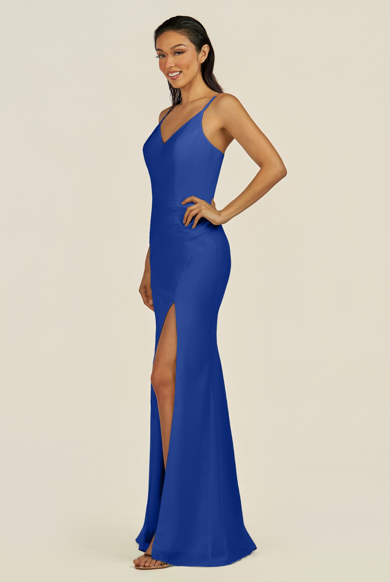 KissDress-Santillia Royal Blue Sheath Chiffon V Neck Long Bridesmaid Dress with Slit