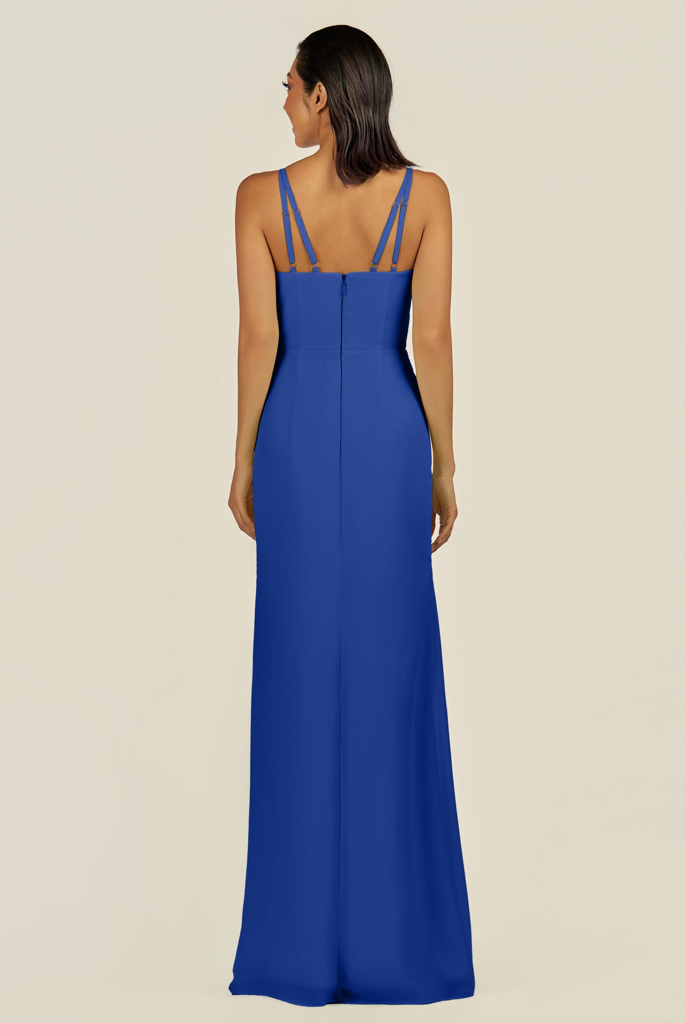 KissDress-Santillia Royal Blue Sheath Chiffon V Neck Long Bridesmaid Dress with Slit