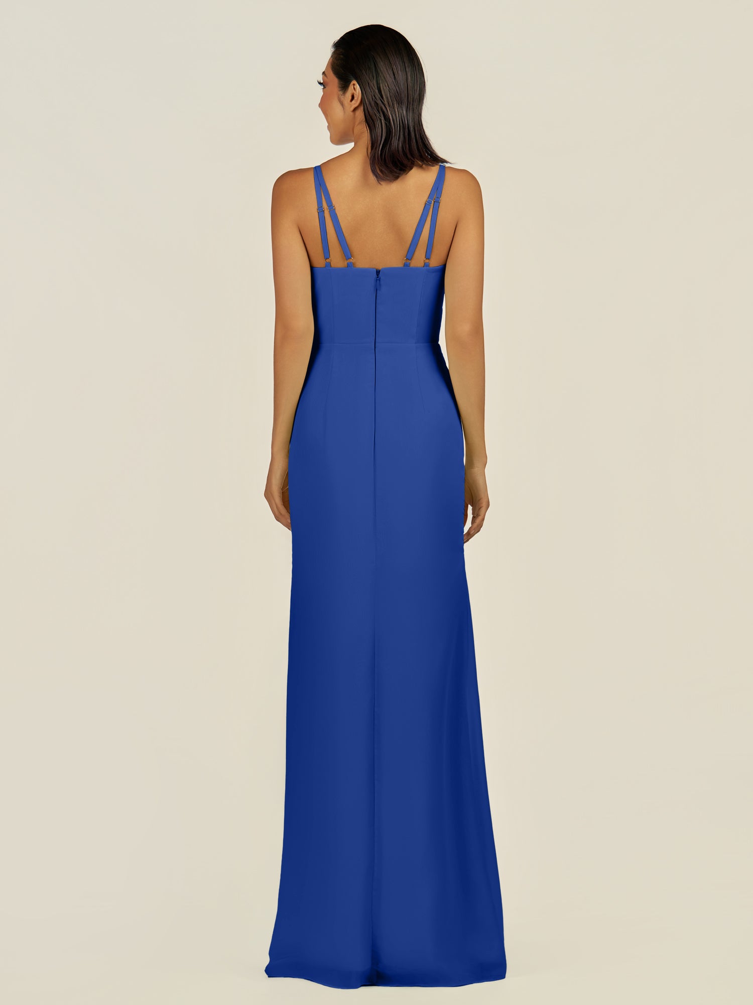 KissDress-Santillia Royal Blue Sheath Chiffon V Neck Long Bridesmaid Dress with Slit