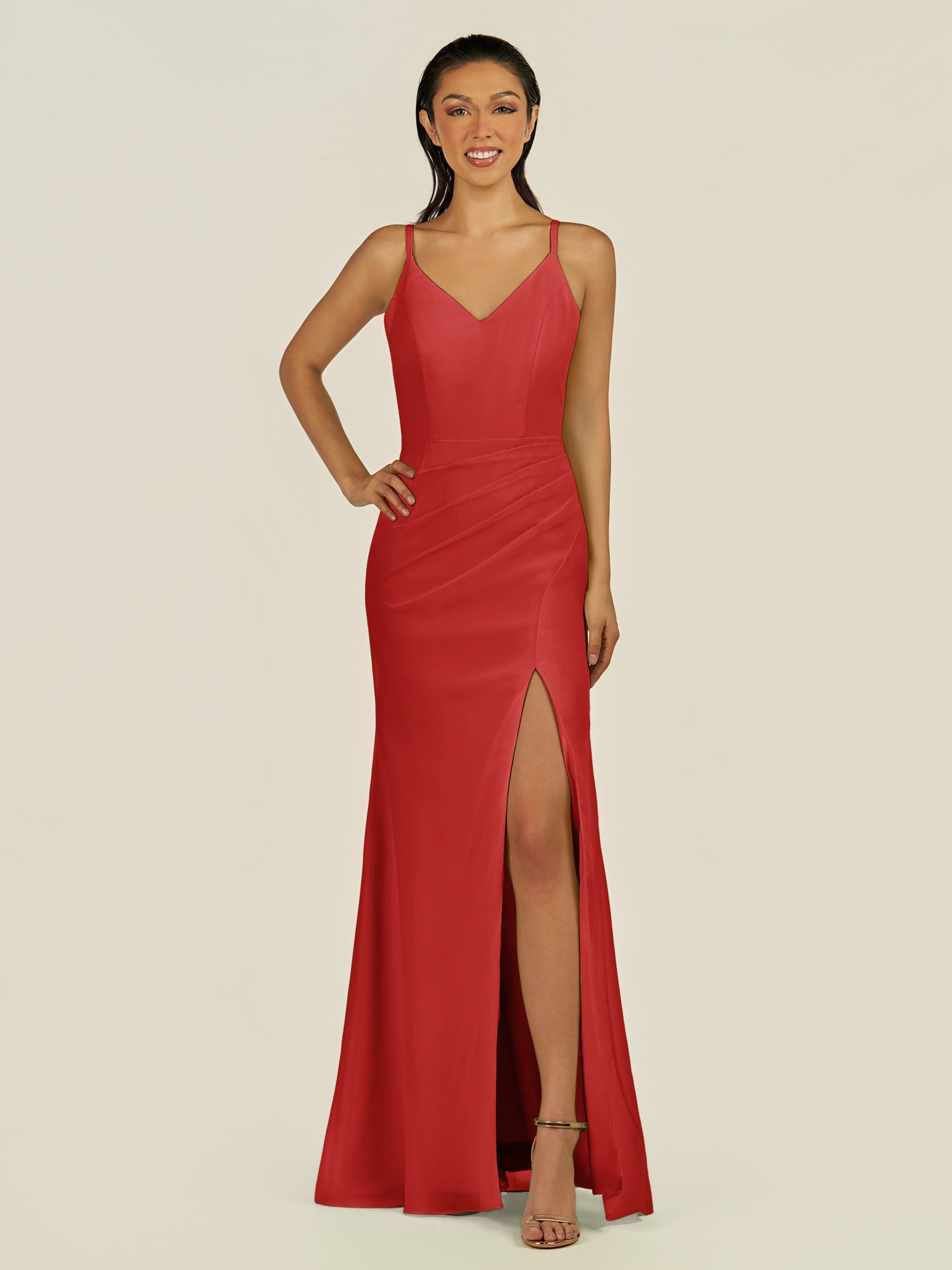 KissDress-Santillia Ruby Red Sheath Chiffon V Neck Long Bridesmaid Dress with Slit