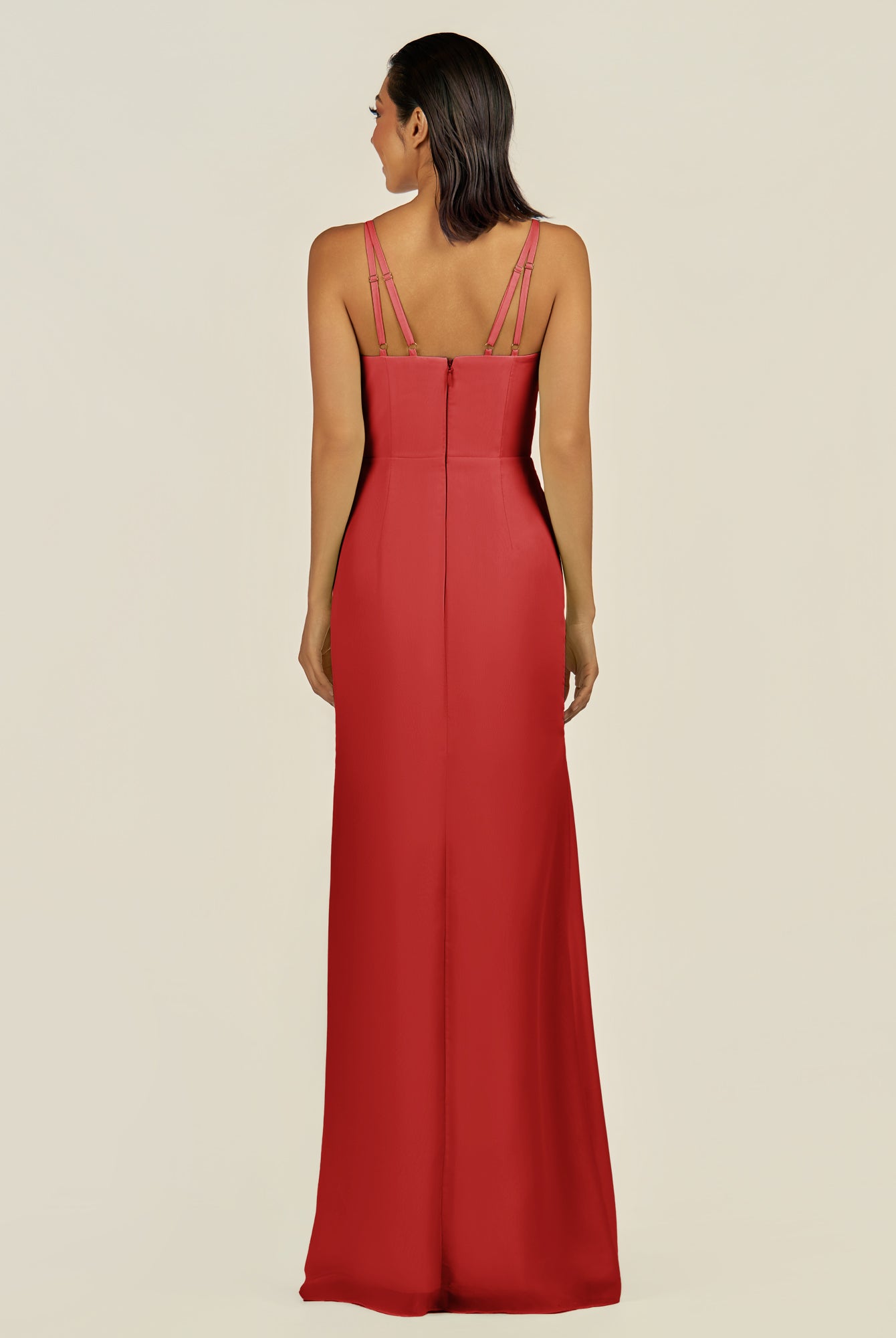 KissDress-Santillia Ruby Red Sheath Chiffon V Neck Long Bridesmaid Dress with Slit
