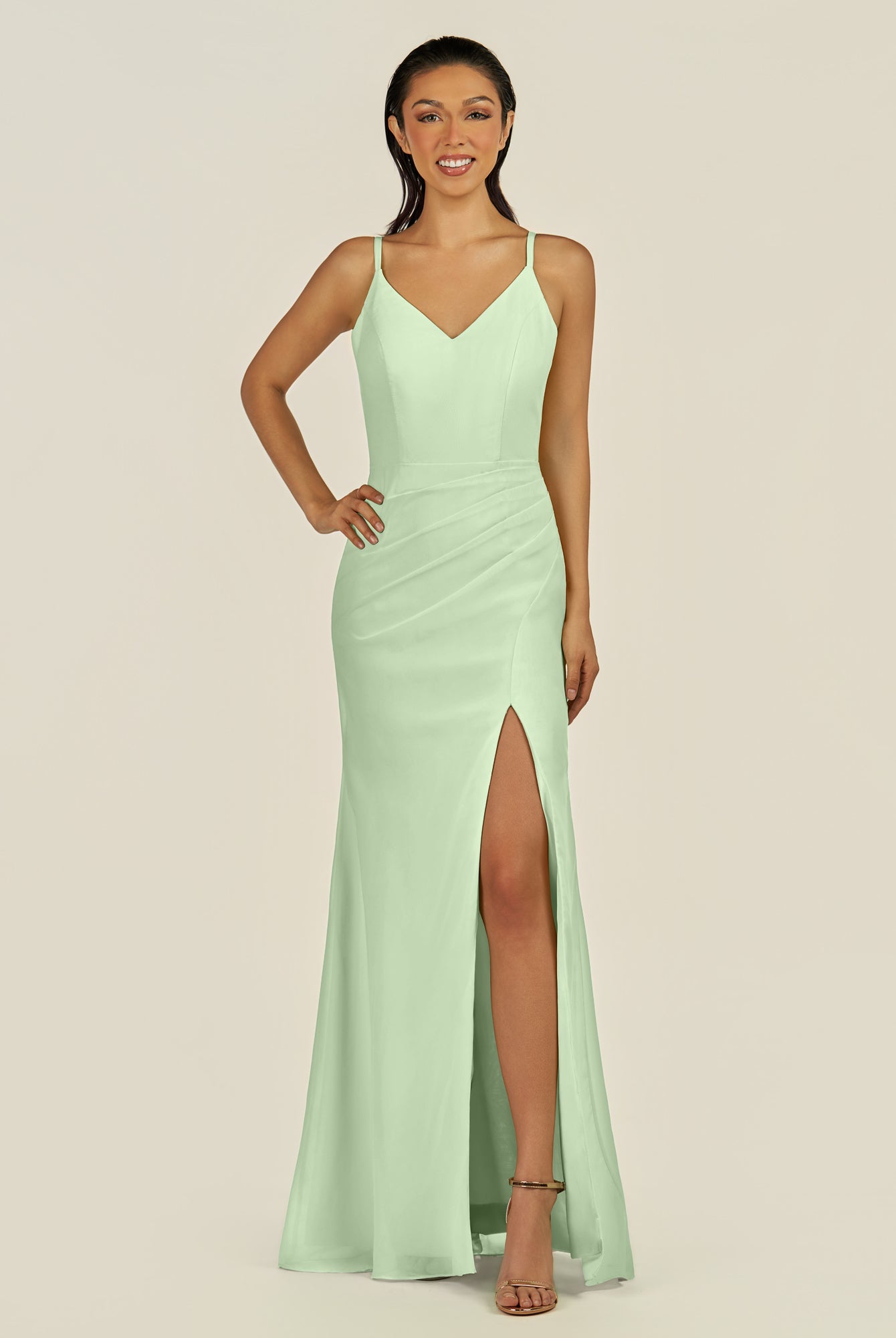 KissDress-Santillia Sage Sheath Chiffon V Neck Long Bridesmaid Dress with Slit