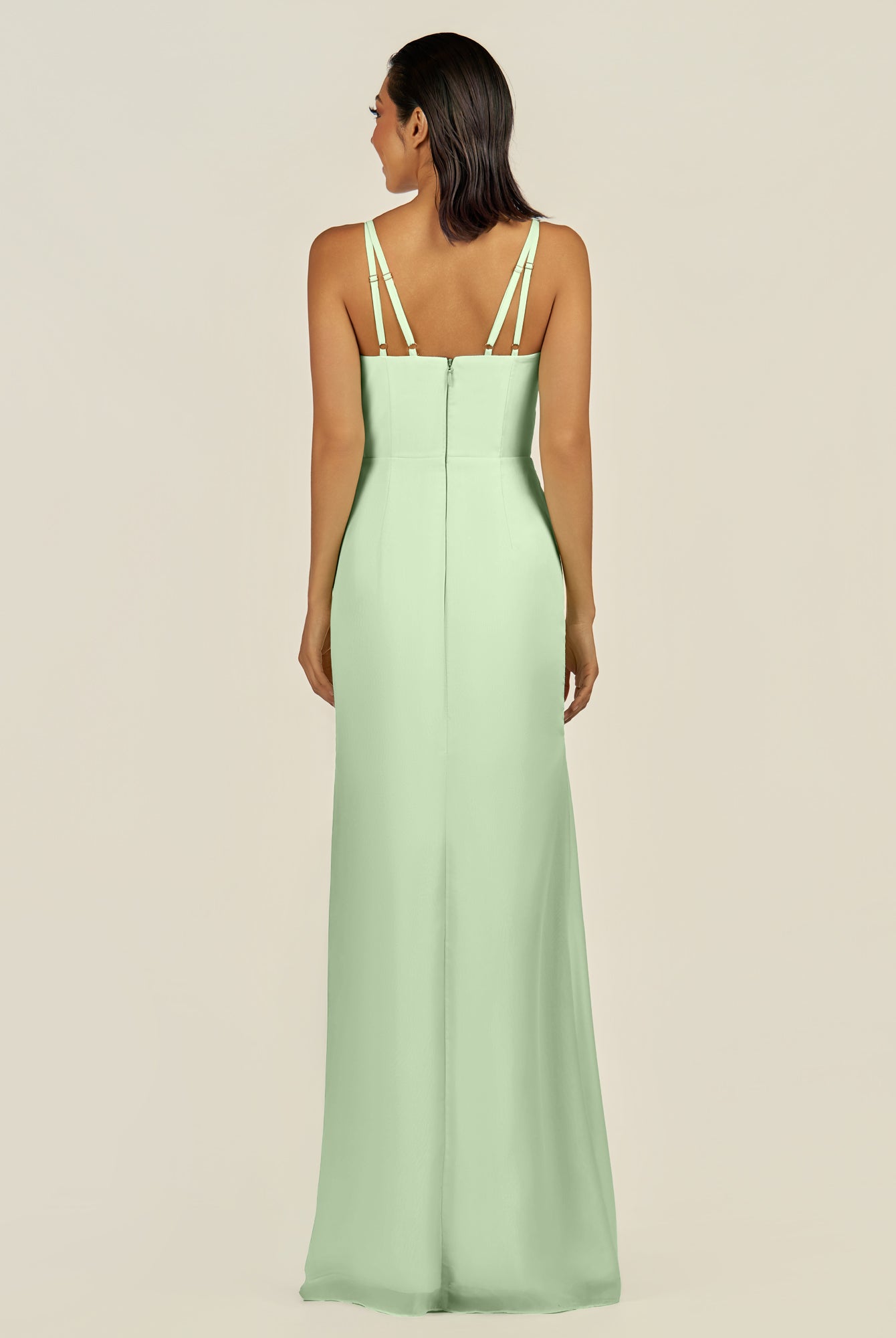 KissDress-Santillia Sage Sheath Chiffon V Neck Long Bridesmaid Dress with Slit
