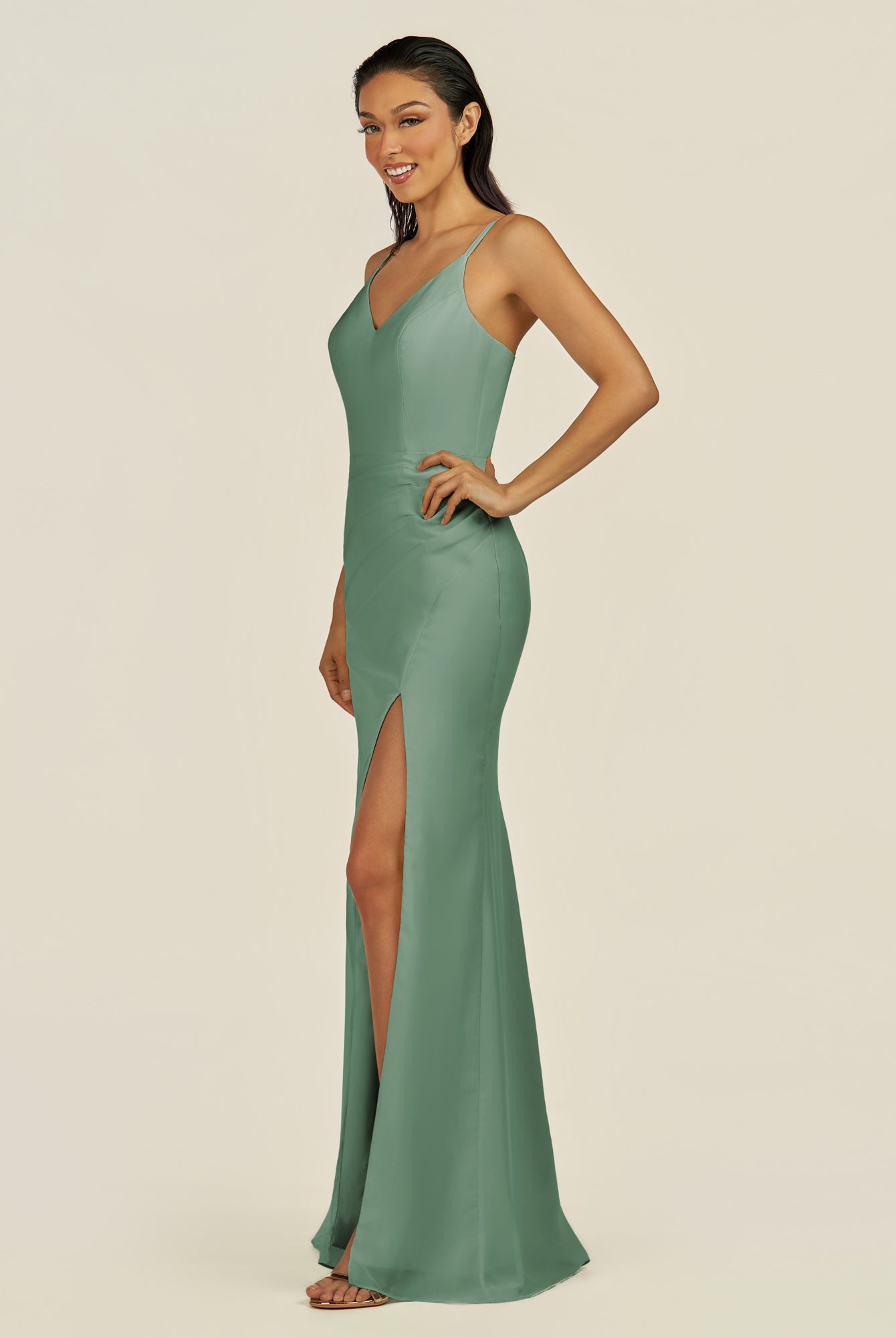 KissDress-Santillia Sea Glass Sheath Chiffon V Neck Long Bridesmaid Dress with Slit