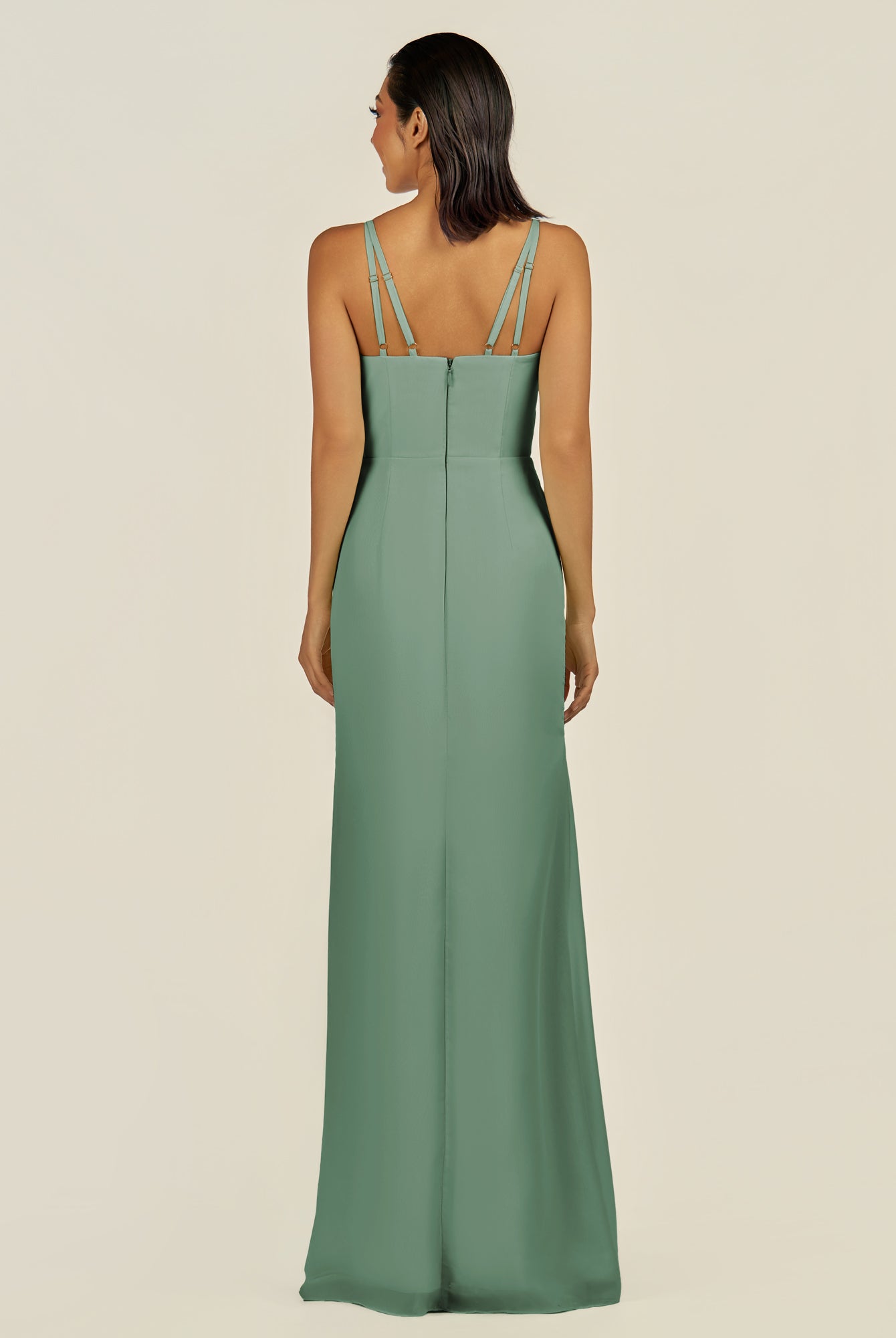 KissDress-Santillia Sea Glass Sheath Chiffon V Neck Long Bridesmaid Dress with Slit