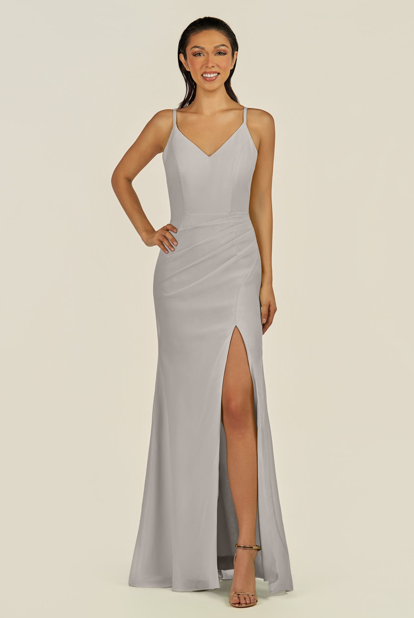 KissDress-Santillia Silver Sheath Chiffon V Neck Long Bridesmaid Dress with Slit