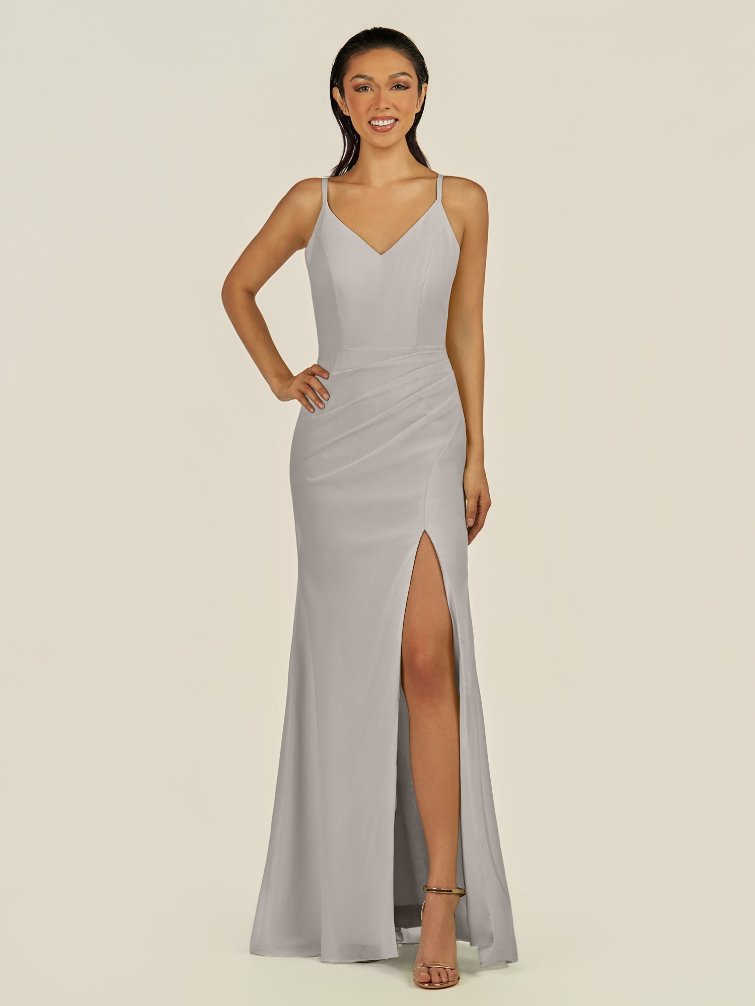 KissDress-Santillia Silver Sheath Chiffon V Neck Long Bridesmaid Dress with Slit