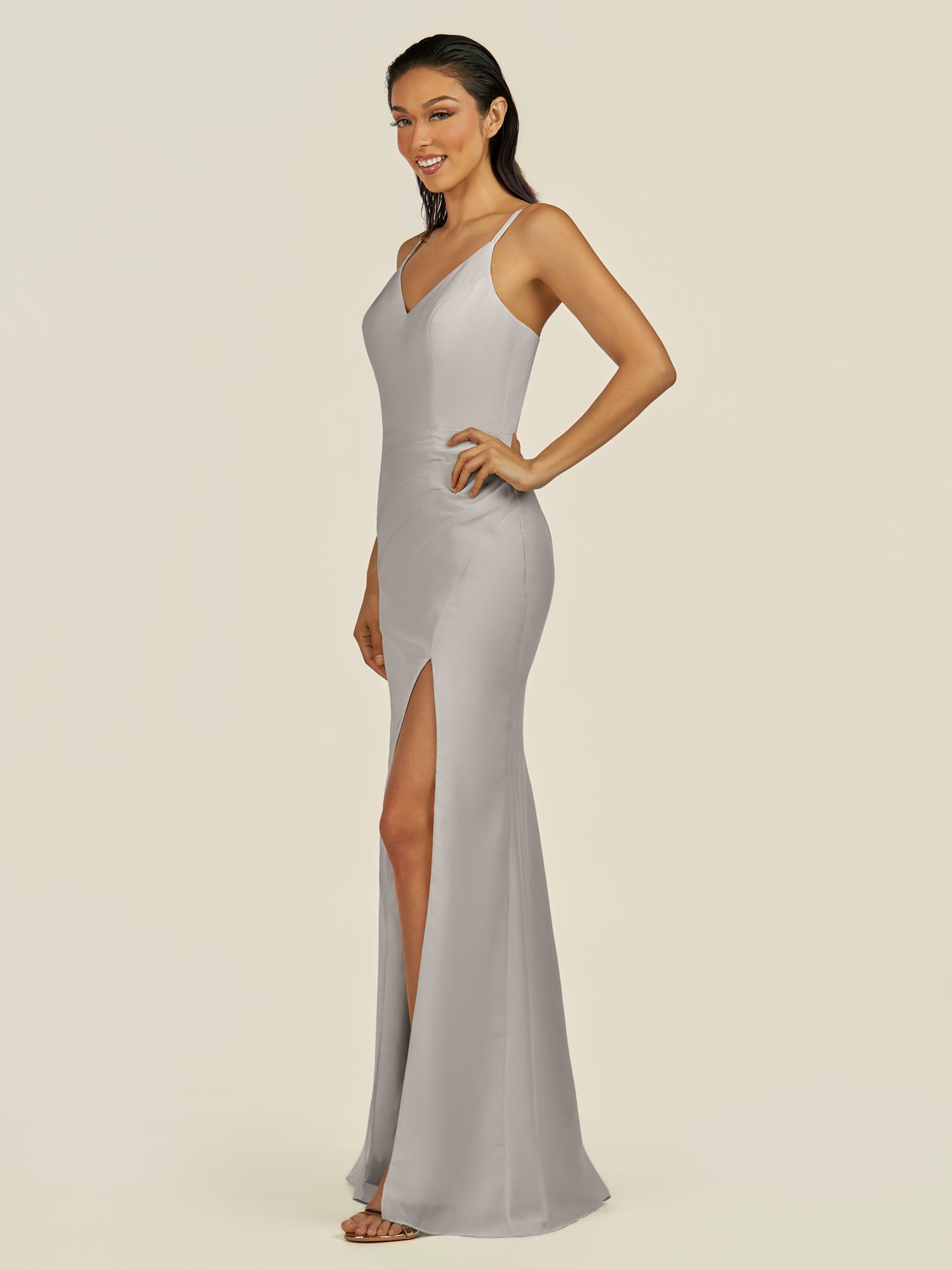 KissDress-Santillia Silver Sheath Chiffon V Neck Long Bridesmaid Dress with Slit