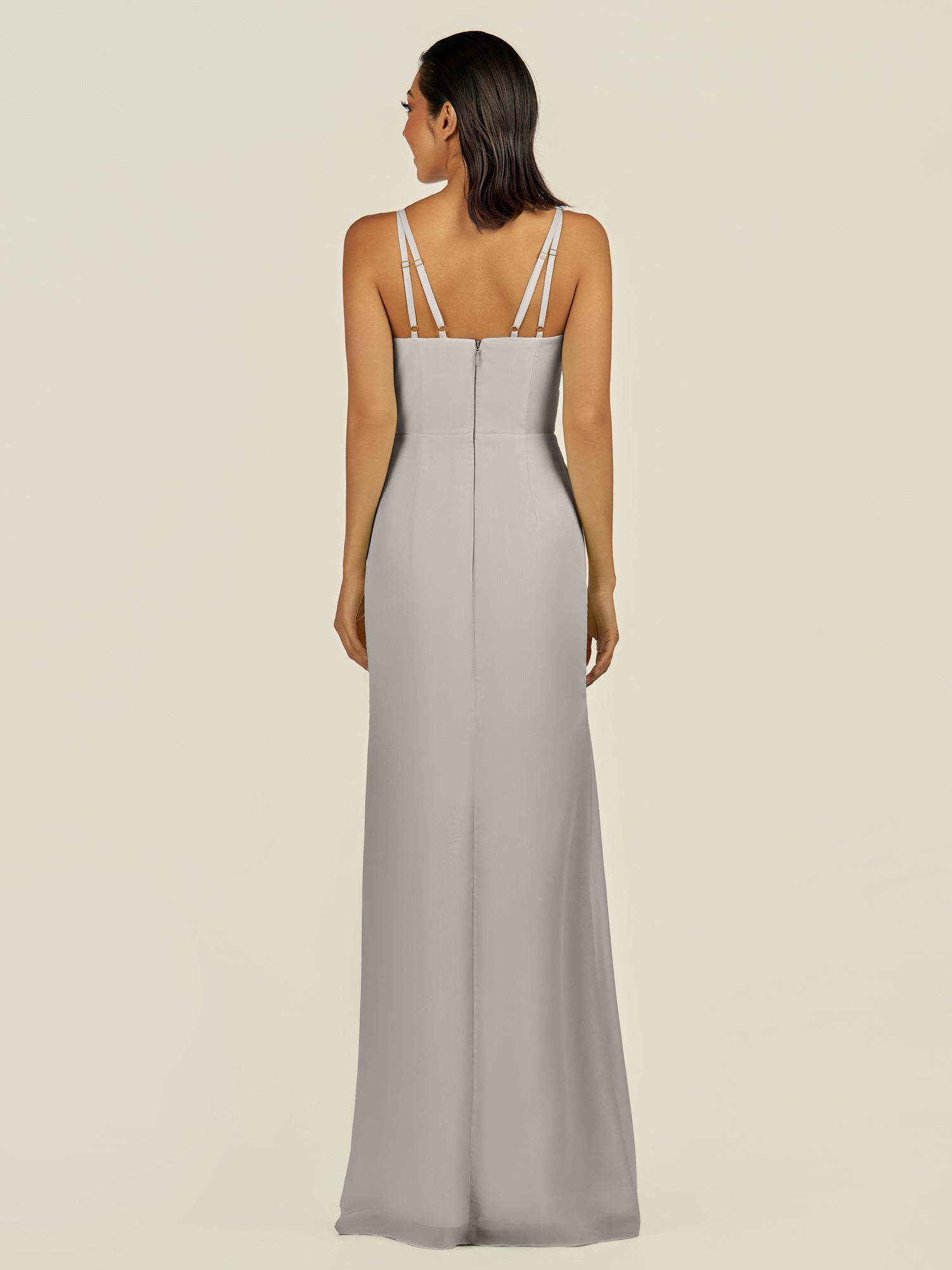 KissDress-Santillia Silver Sheath Chiffon V Neck Long Bridesmaid Dress with Slit