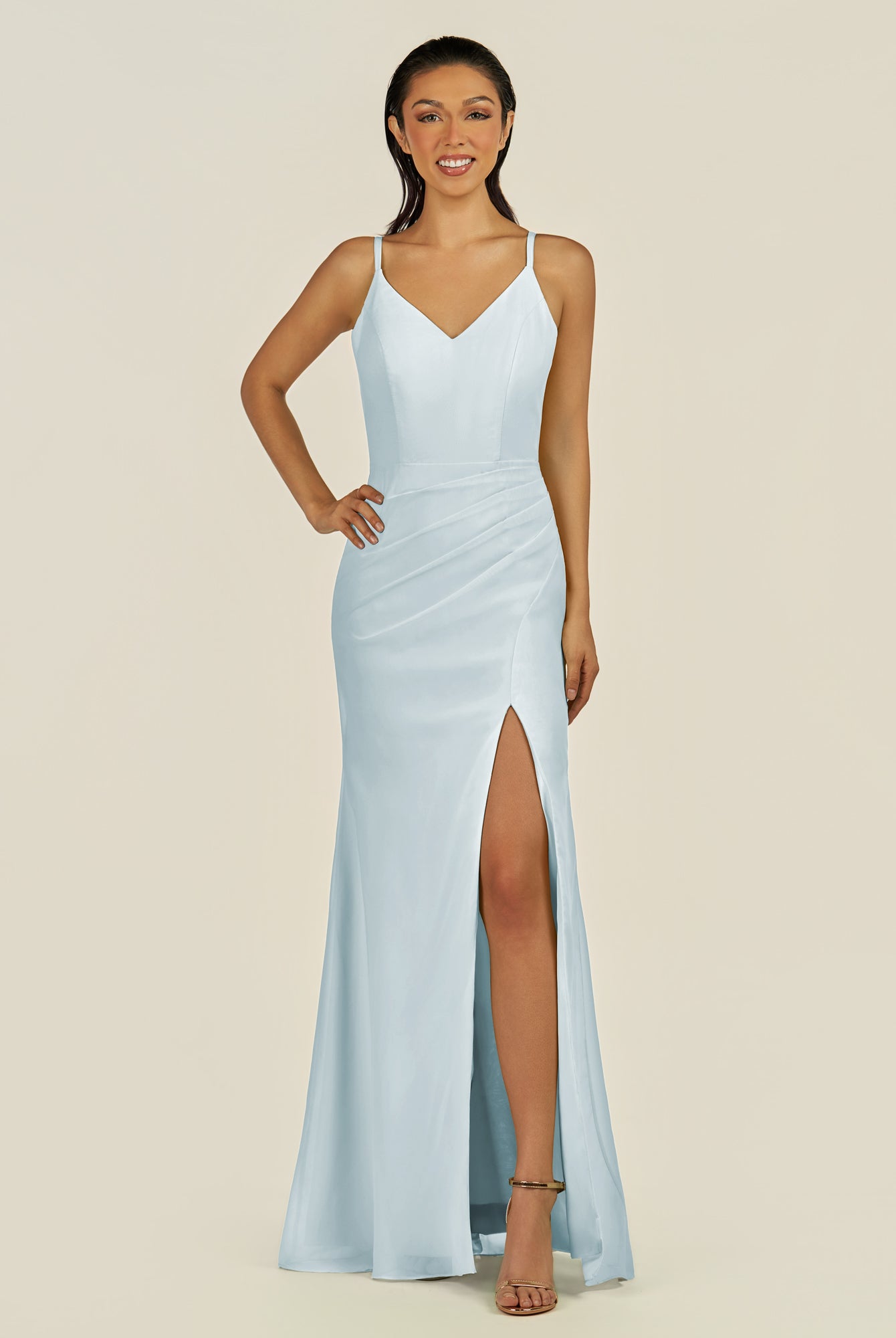 KissDress-Santillia Sky Blue Sheath Chiffon V Neck Long Bridesmaid Dress with Slit