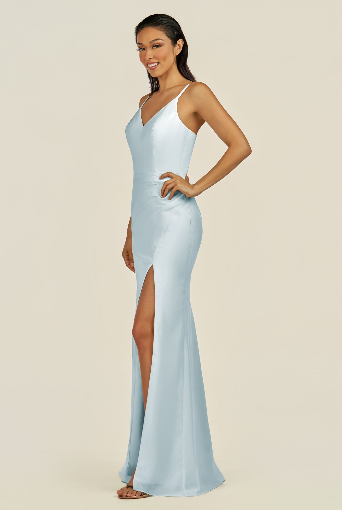 KissDress-Santillia Sky Blue Sheath Chiffon V Neck Long Bridesmaid Dress with Slit