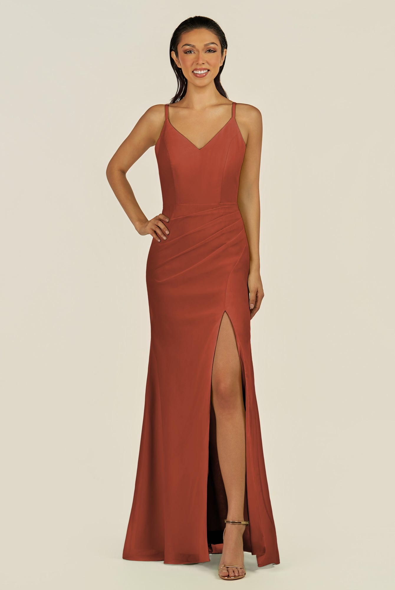 KissDress-Santillia Spice Sheath Chiffon V Neck Long Bridesmaid Dress with Slit