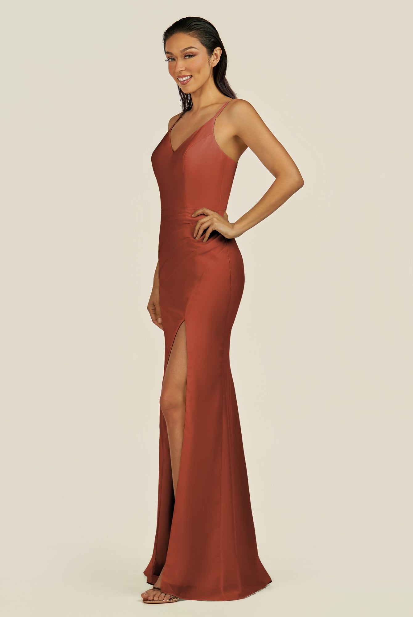 KissDress-Santillia Spice Sheath Chiffon V Neck Long Bridesmaid Dress with Slit