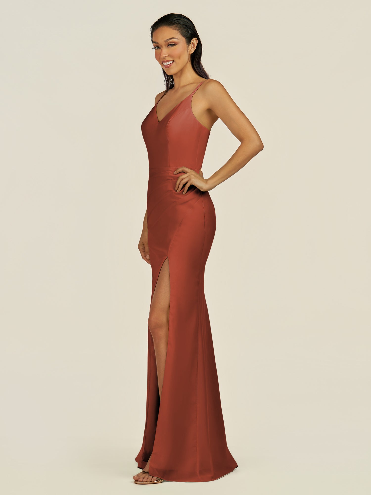 KissDress-Santillia Spice Sheath Chiffon V Neck Long Bridesmaid Dress with Slit