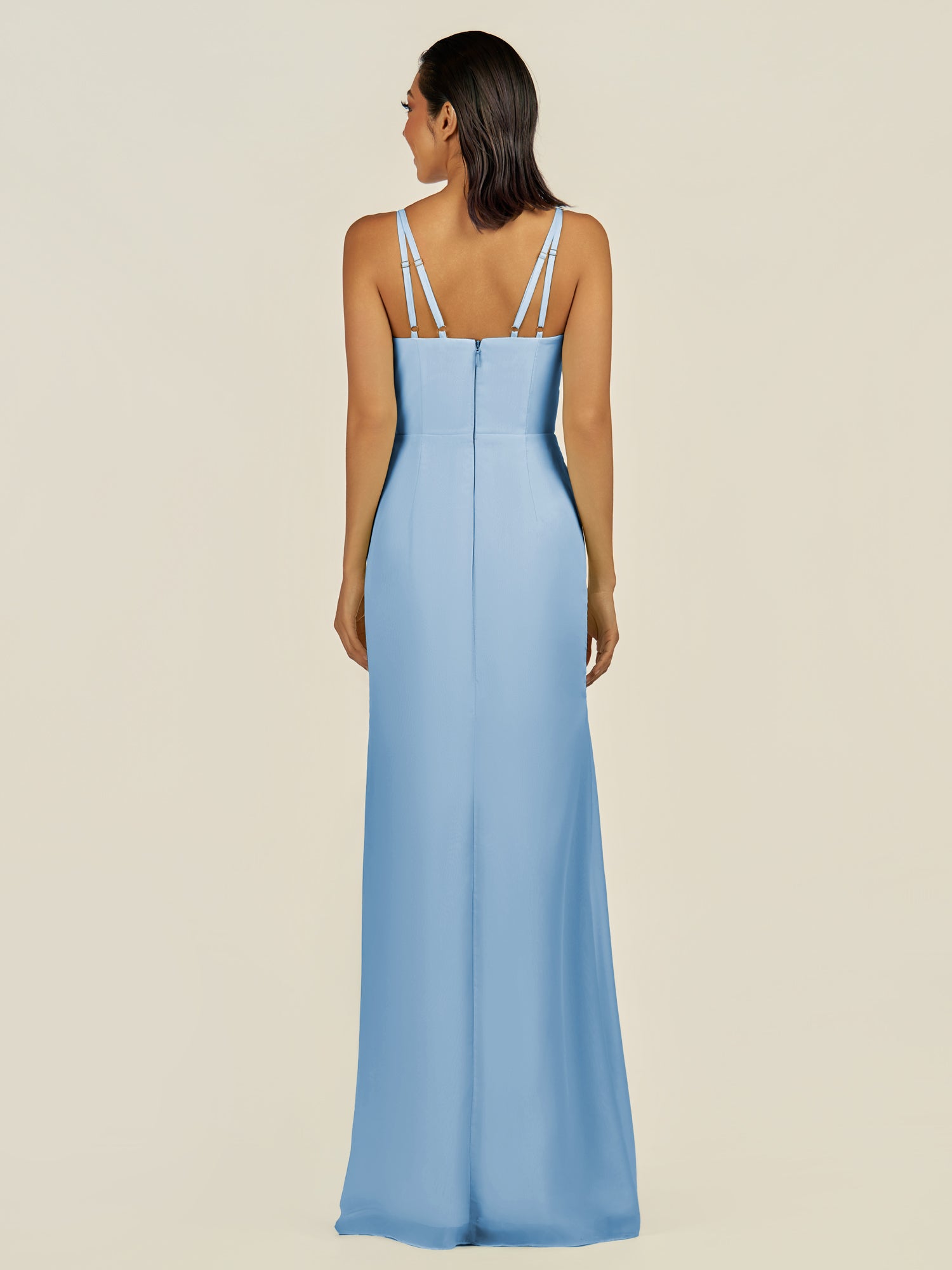 KissDress-Santillia Steel Blue Sheath Chiffon V Neck Long Bridesmaid Dress with Slit