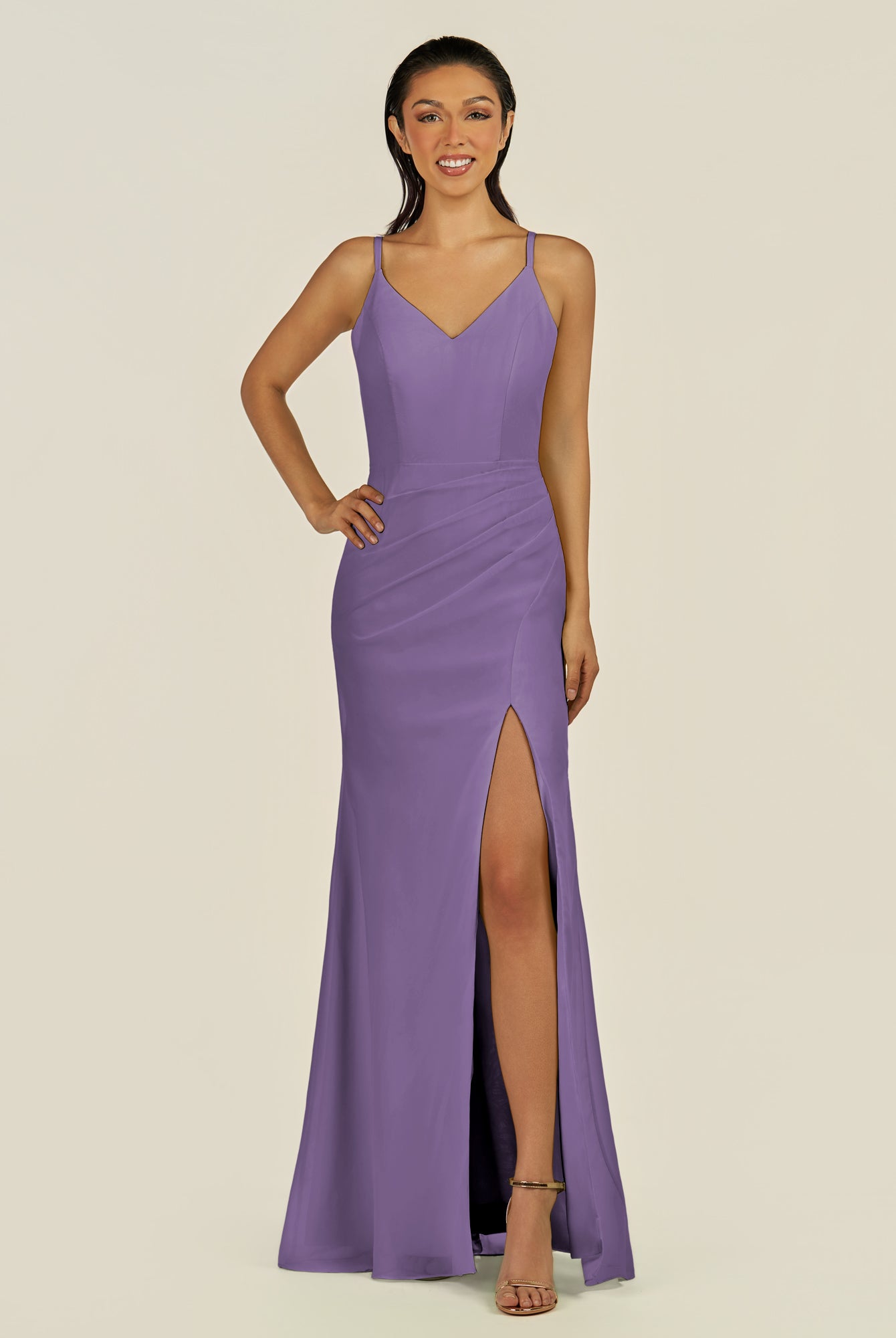 KissDress-Santillia Tahiti Sheath Chiffon V Neck Long Bridesmaid Dress with Slit