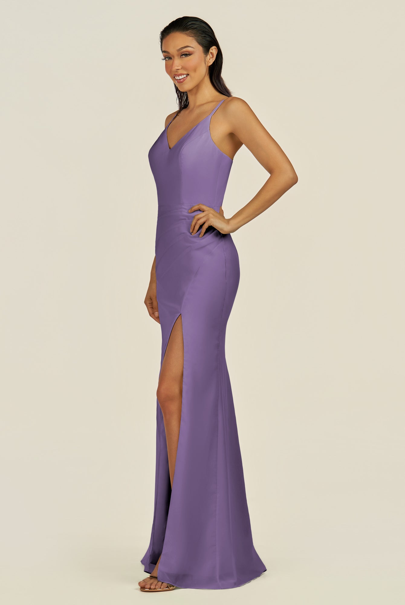 KissDress-Santillia Tahiti Sheath Chiffon V Neck Long Bridesmaid Dress with Slit