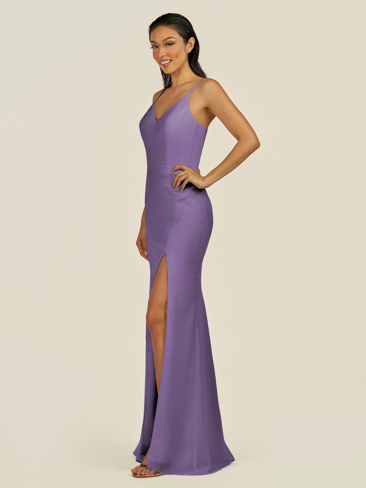 KissDress-Santillia Tahiti Sheath Chiffon V Neck Long Bridesmaid Dress with Slit