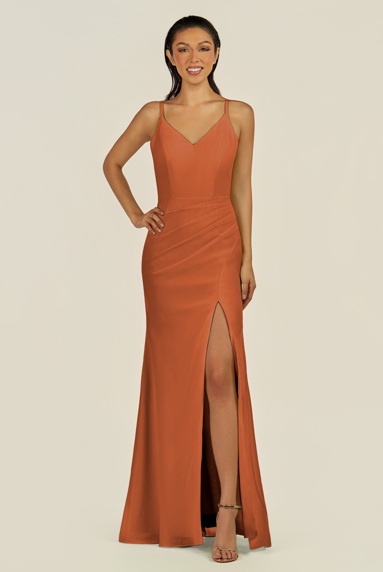 KissDress-Santillia Terracotta Sheath Chiffon V Neck Long Bridesmaid Dress with Slit