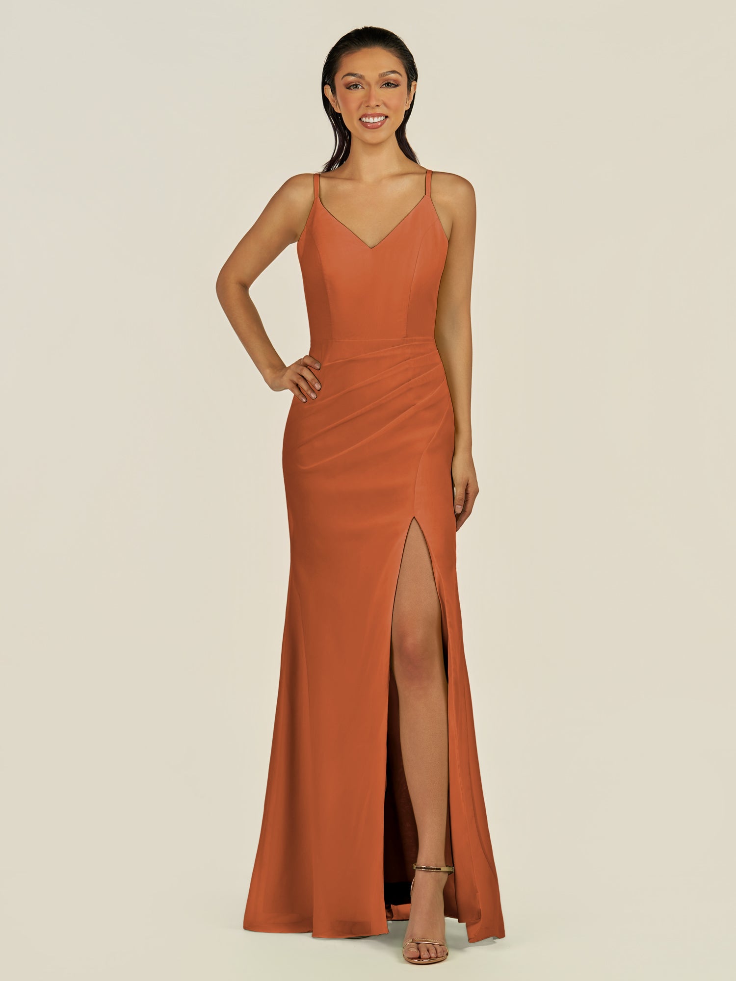 KissDress-Santillia Terracotta Sheath Chiffon V Neck Long Bridesmaid Dress with Slit