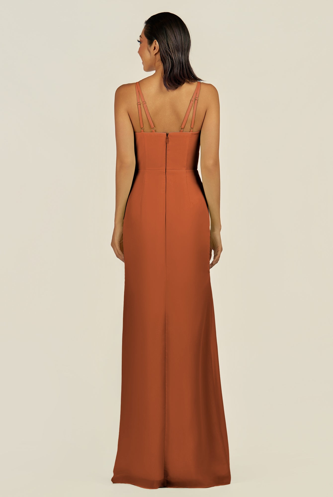 KissDress-Santillia Terracotta Sheath Chiffon V Neck Long Bridesmaid Dress with Slit