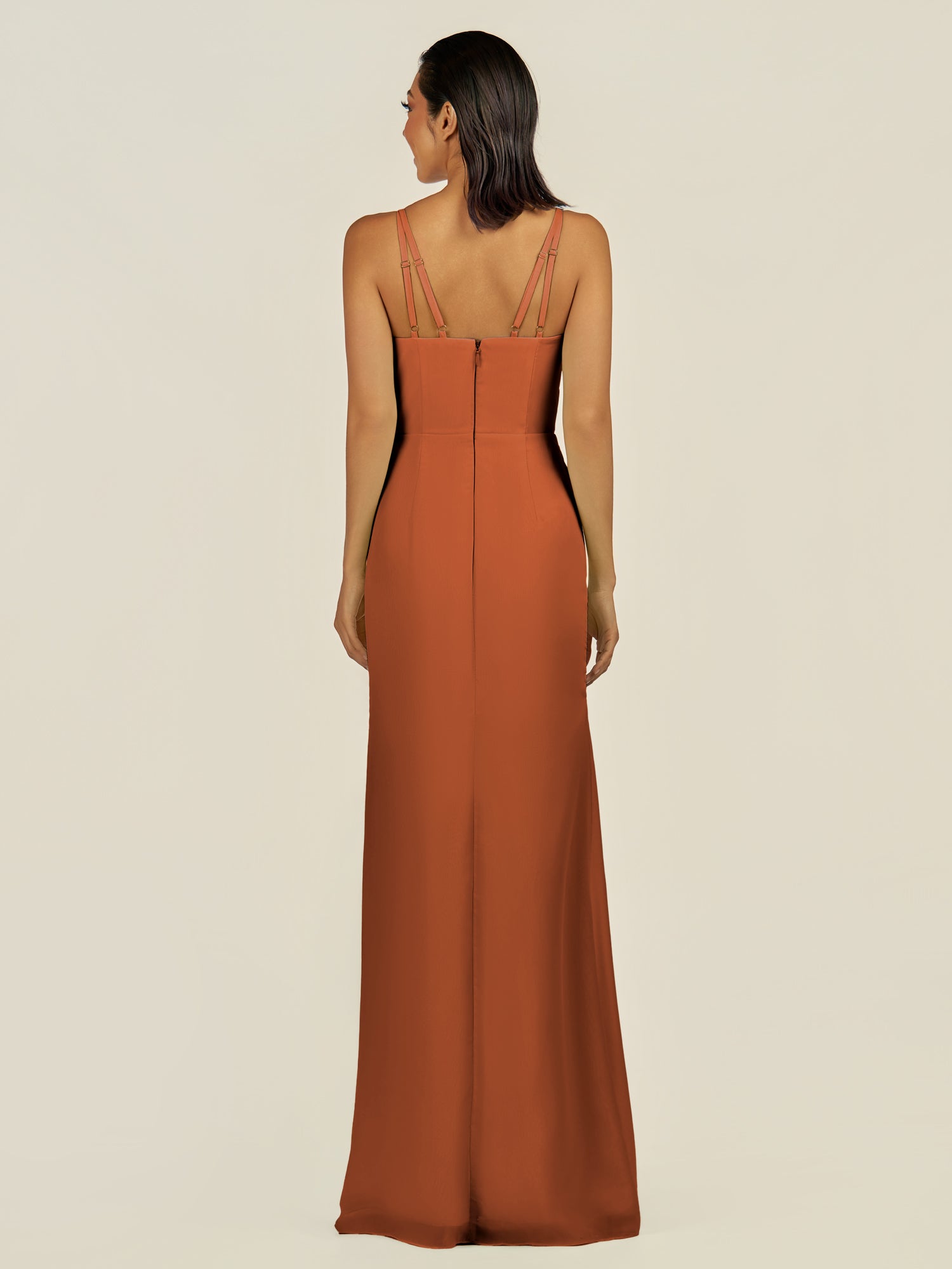 KissDress-Santillia Terracotta Sheath Chiffon V Neck Long Bridesmaid Dress with Slit
