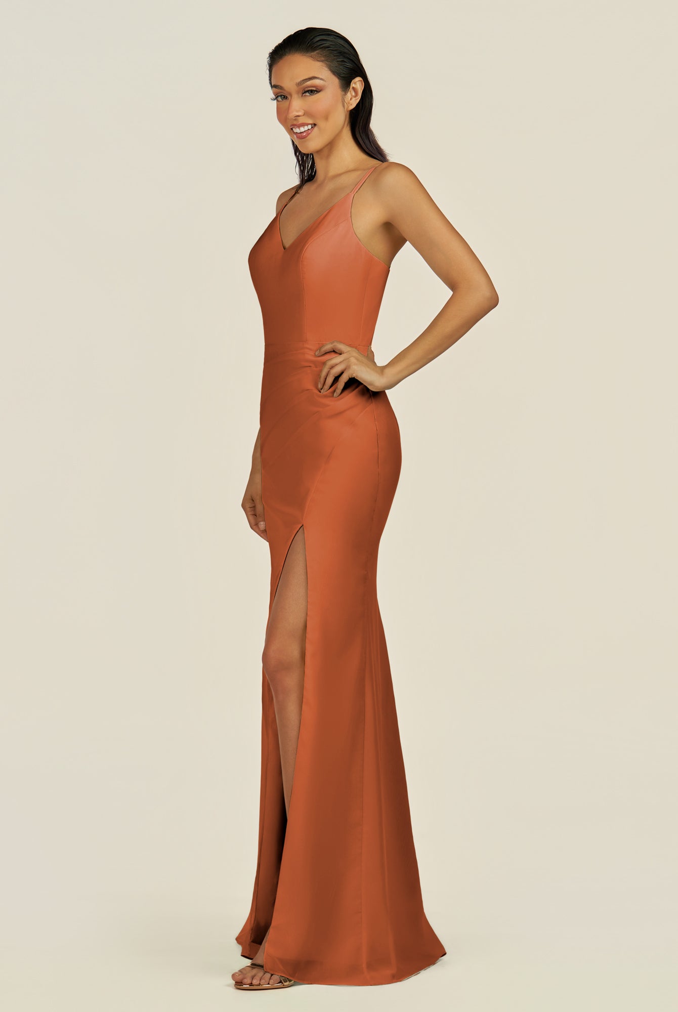KissDress-Santillia Terracotta Sheath Chiffon V Neck Long Bridesmaid Dress with Slit