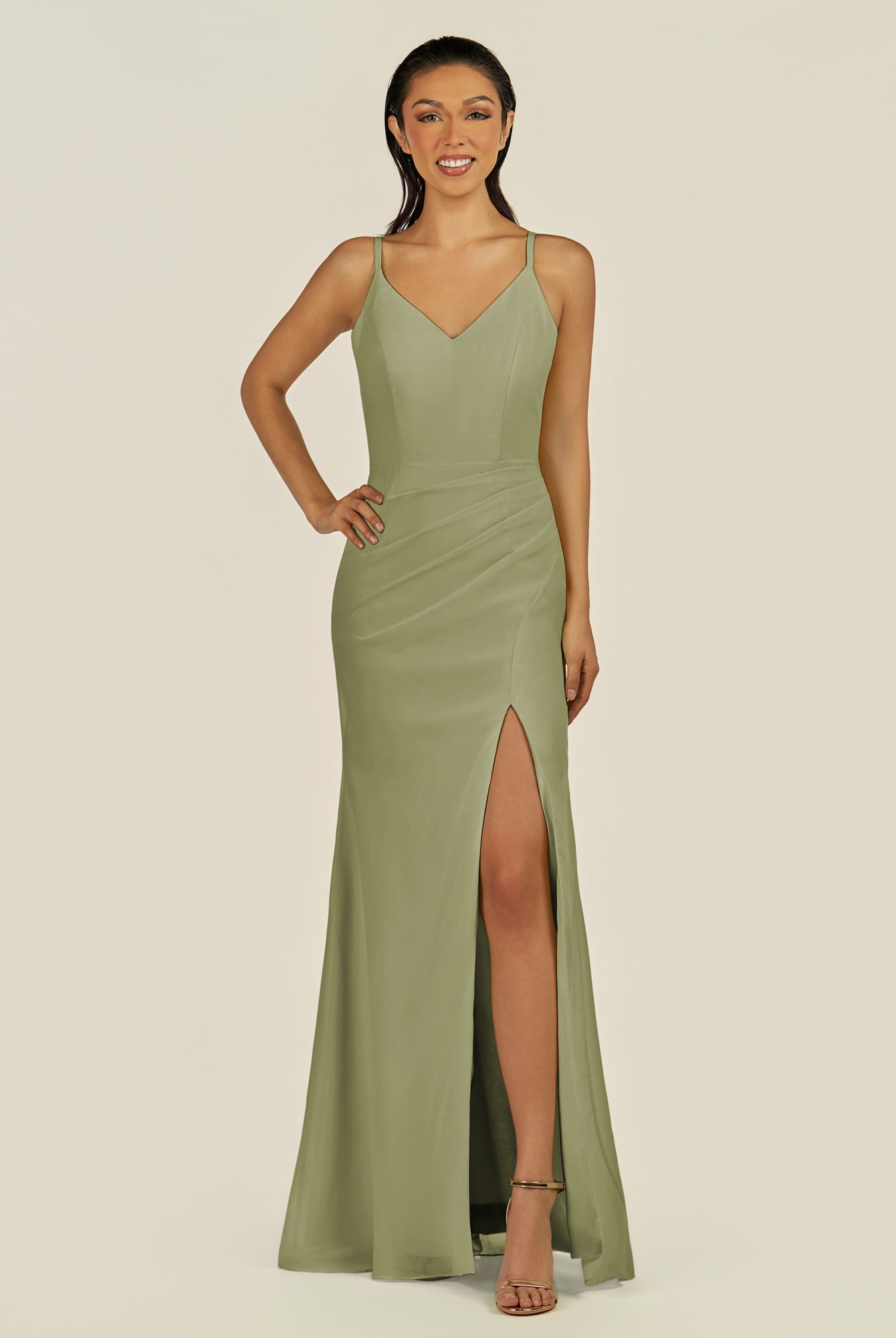 KissDress-Santillia Thyme Sheath Chiffon V Neck Long Bridesmaid Dress with Slit