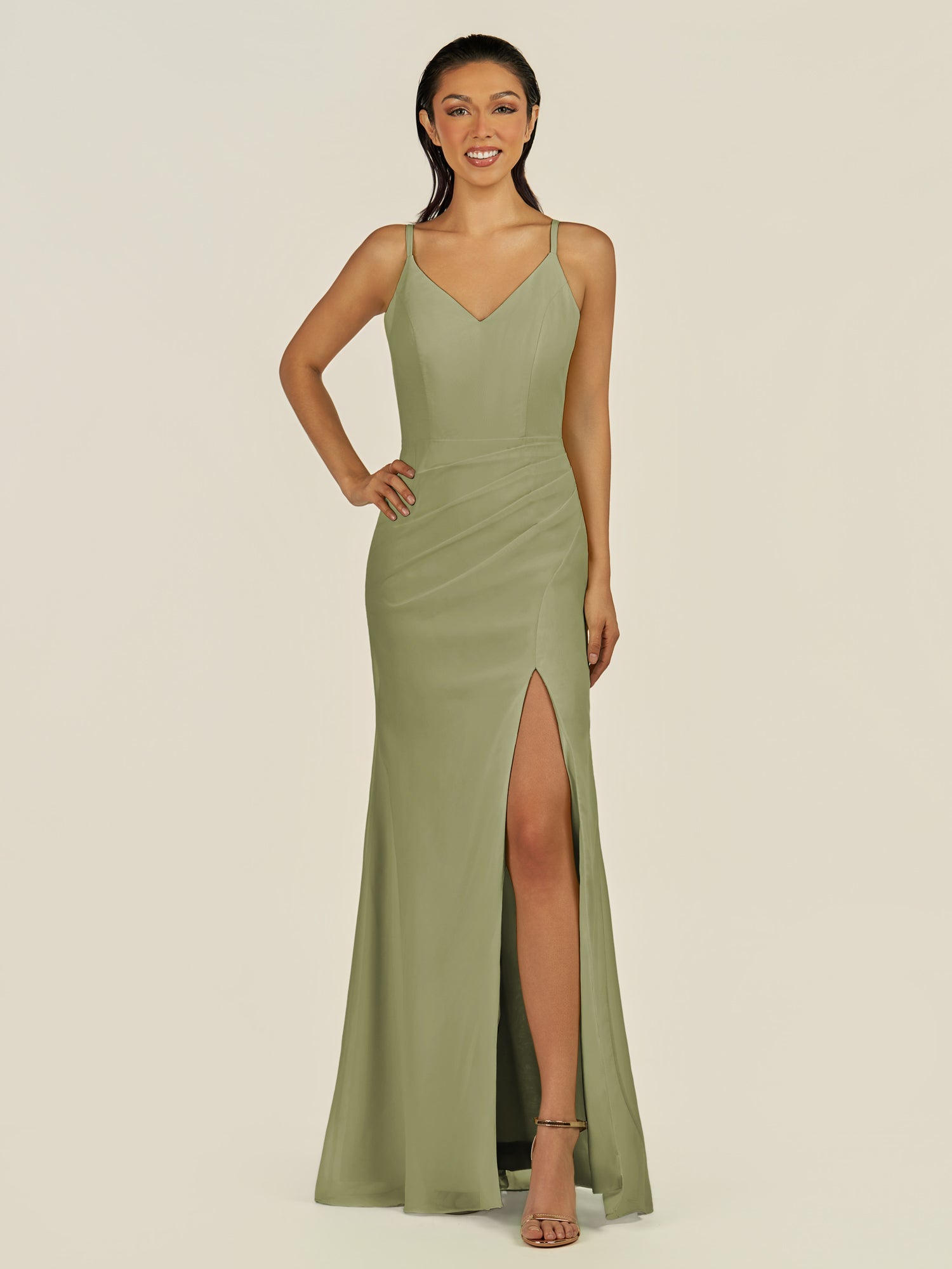 KissDress-Santillia Thyme Sheath Chiffon V Neck Long Bridesmaid Dress with Slit