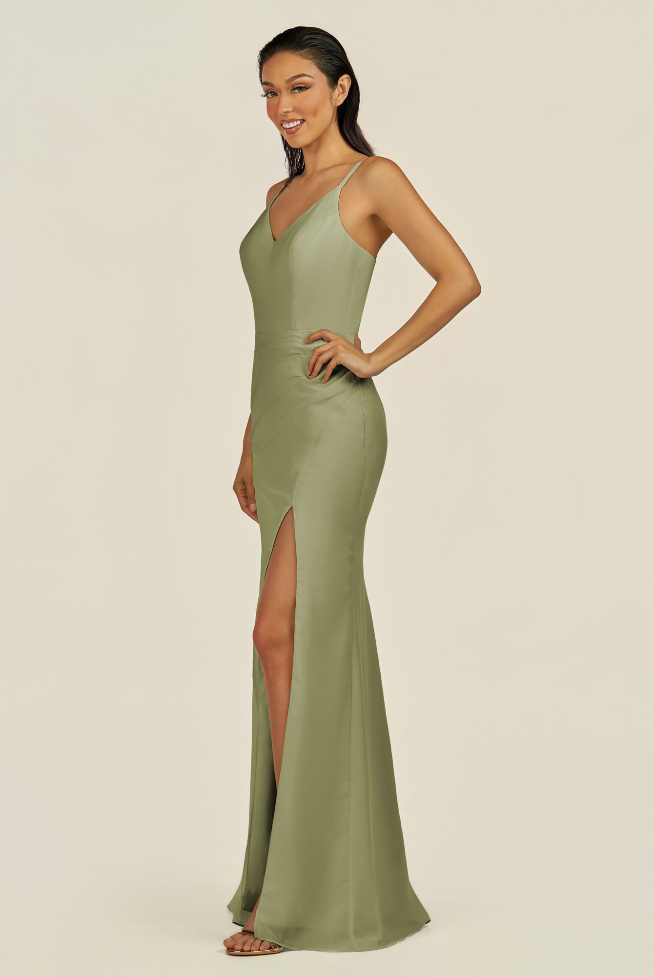 KissDress-Santillia Thyme Sheath Chiffon V Neck Long Bridesmaid Dress with Slit