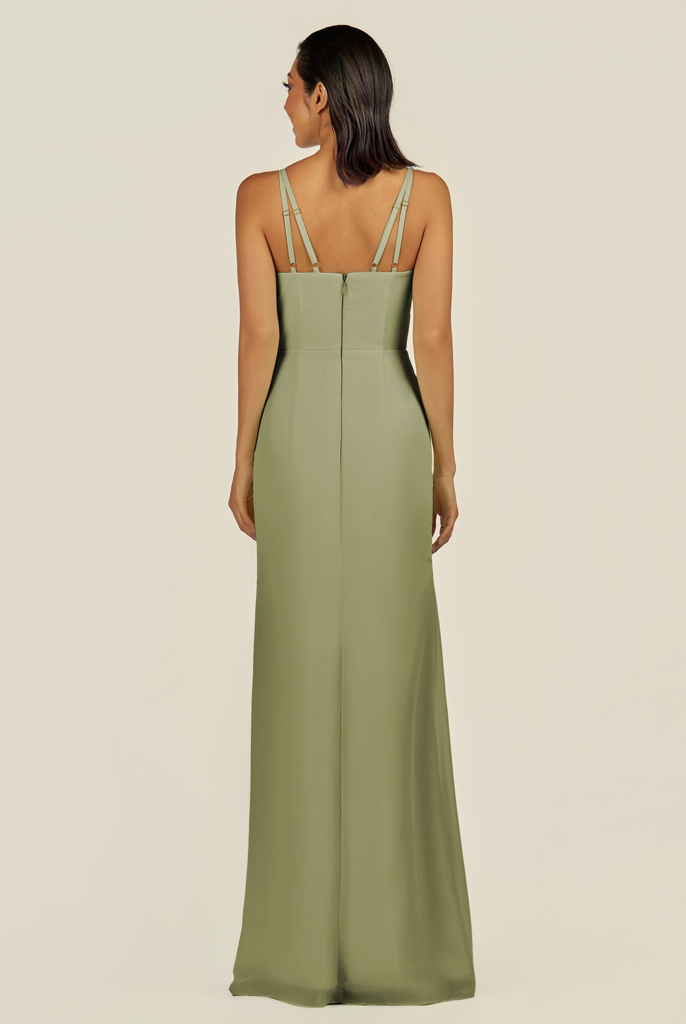 KissDress-Santillia Thyme Sheath Chiffon V Neck Long Bridesmaid Dress with Slit