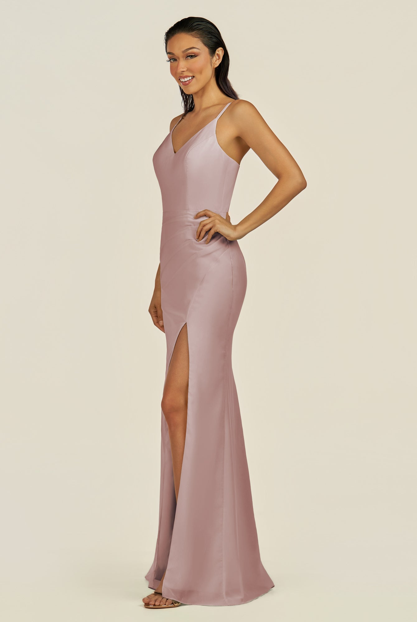 KissDress-Santillia Toffee Sheath Chiffon V Neck Long Bridesmaid Dress with Slit