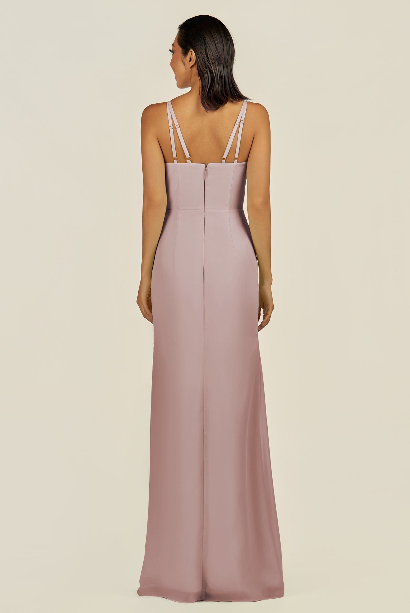 KissDress-Santillia Toffee Sheath Chiffon V Neck Long Bridesmaid Dress with Slit