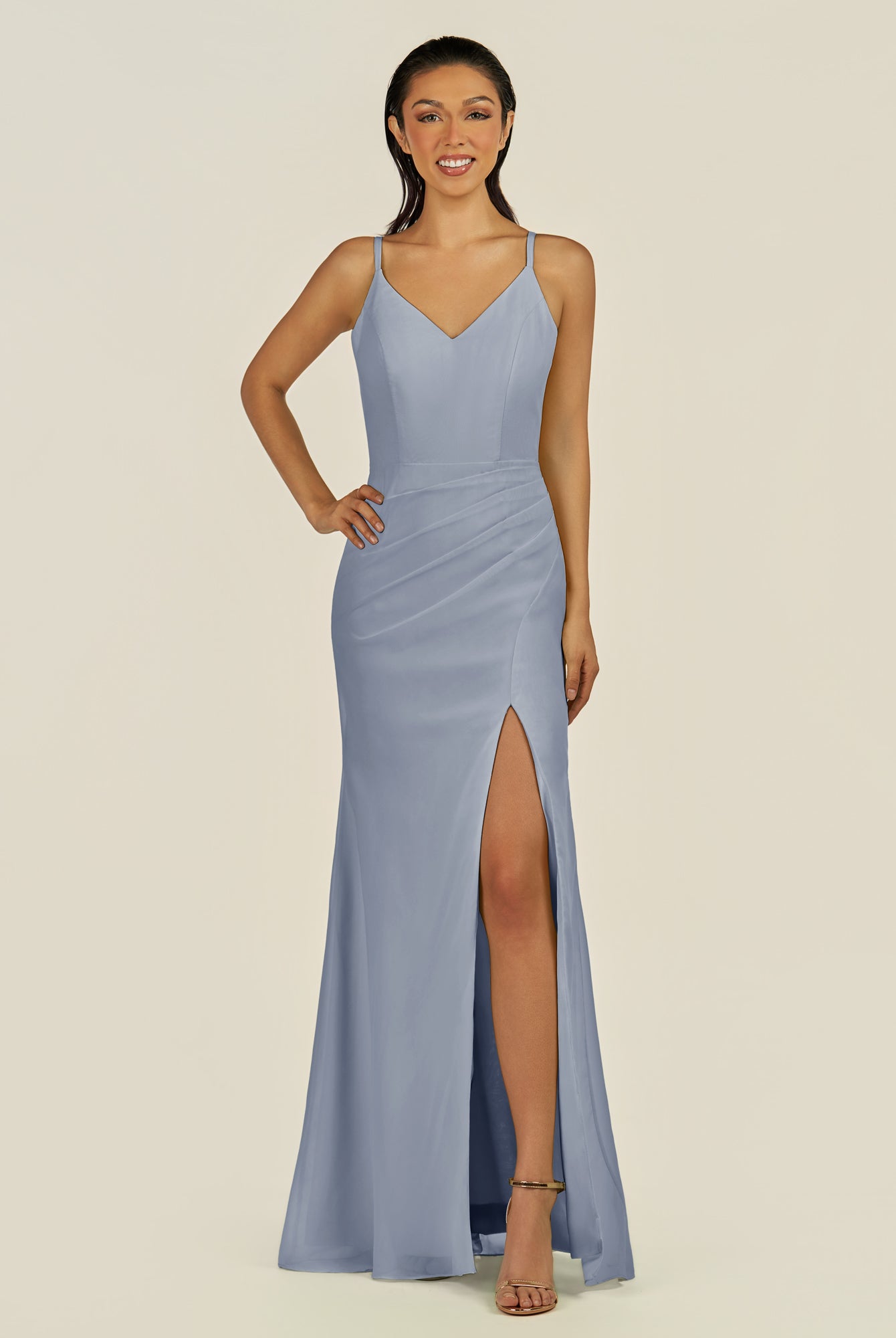KissDress-Santillia Twilight Sheath Chiffon V Neck Long Bridesmaid Dress with Slit