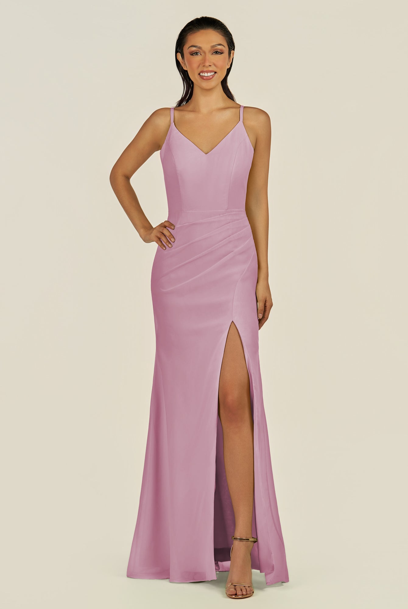 KissDress-Santillia Vintage Mauve Sheath Chiffon V Neck Long Bridesmaid Dress with Slit